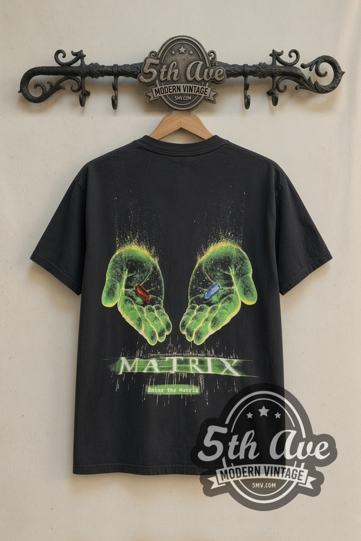 Back print of The Matrix Neo Morpheus Trinity and Red Blue Pill tee on the 5MV rack