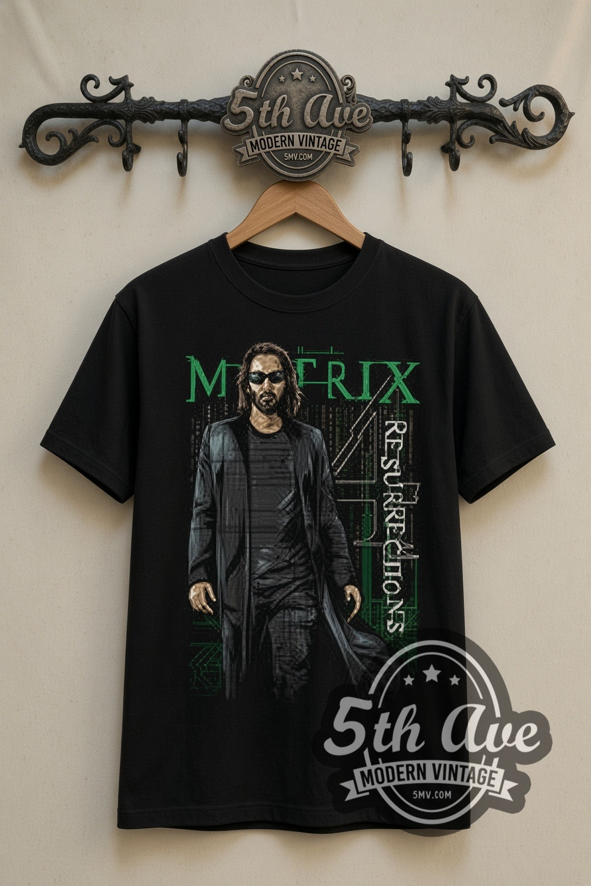 The Matrix Resurrections Neo double stitched black tee front on dark iron 5th Ave rack