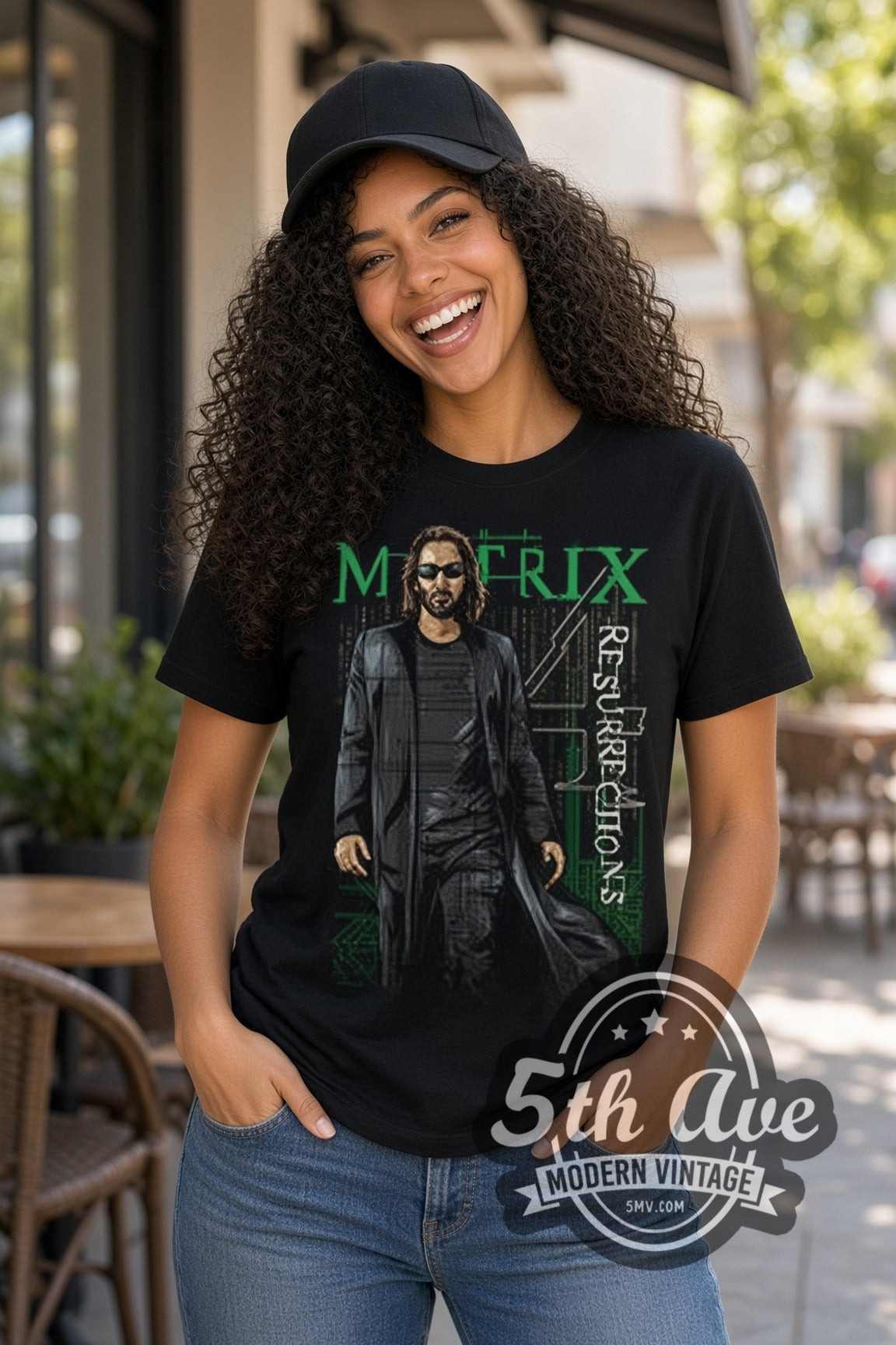 Woman wearing The Matrix Resurrections Neo double stitched black graphic tee