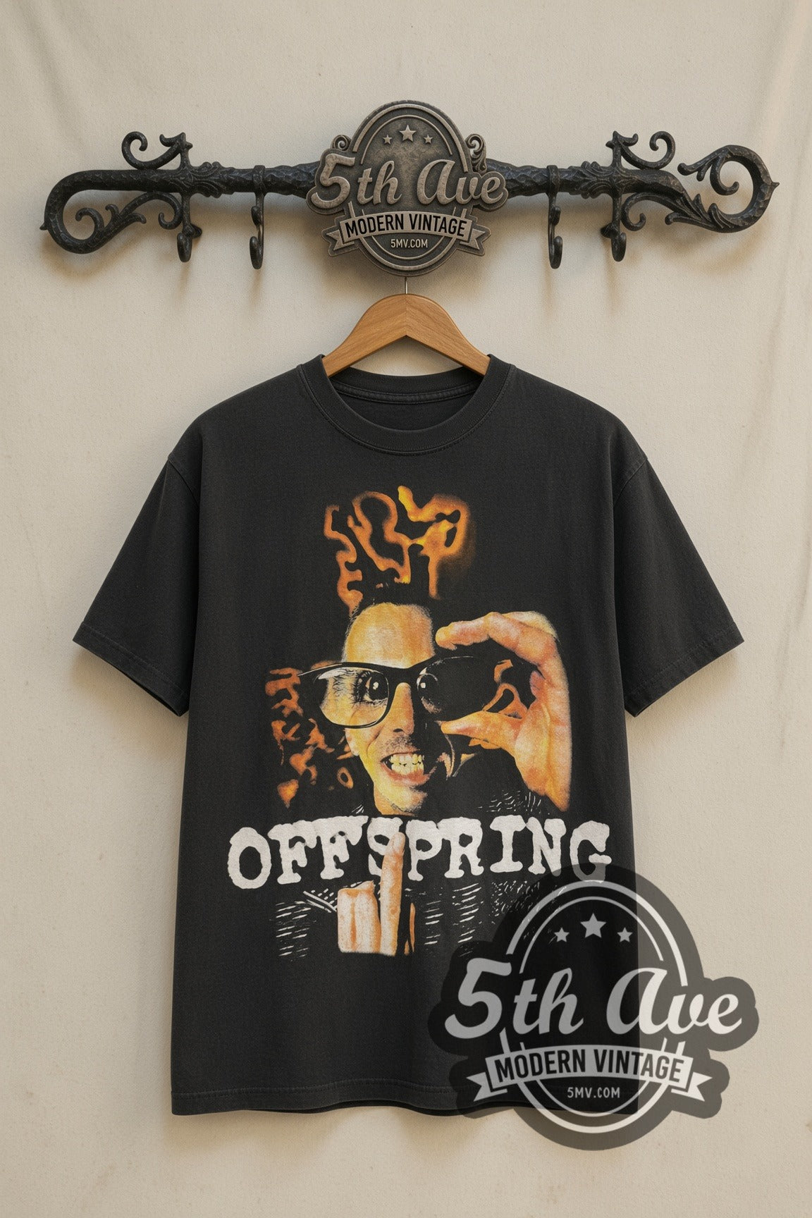 The Offspring flaming glasses face band tee front on the 5MV rack
