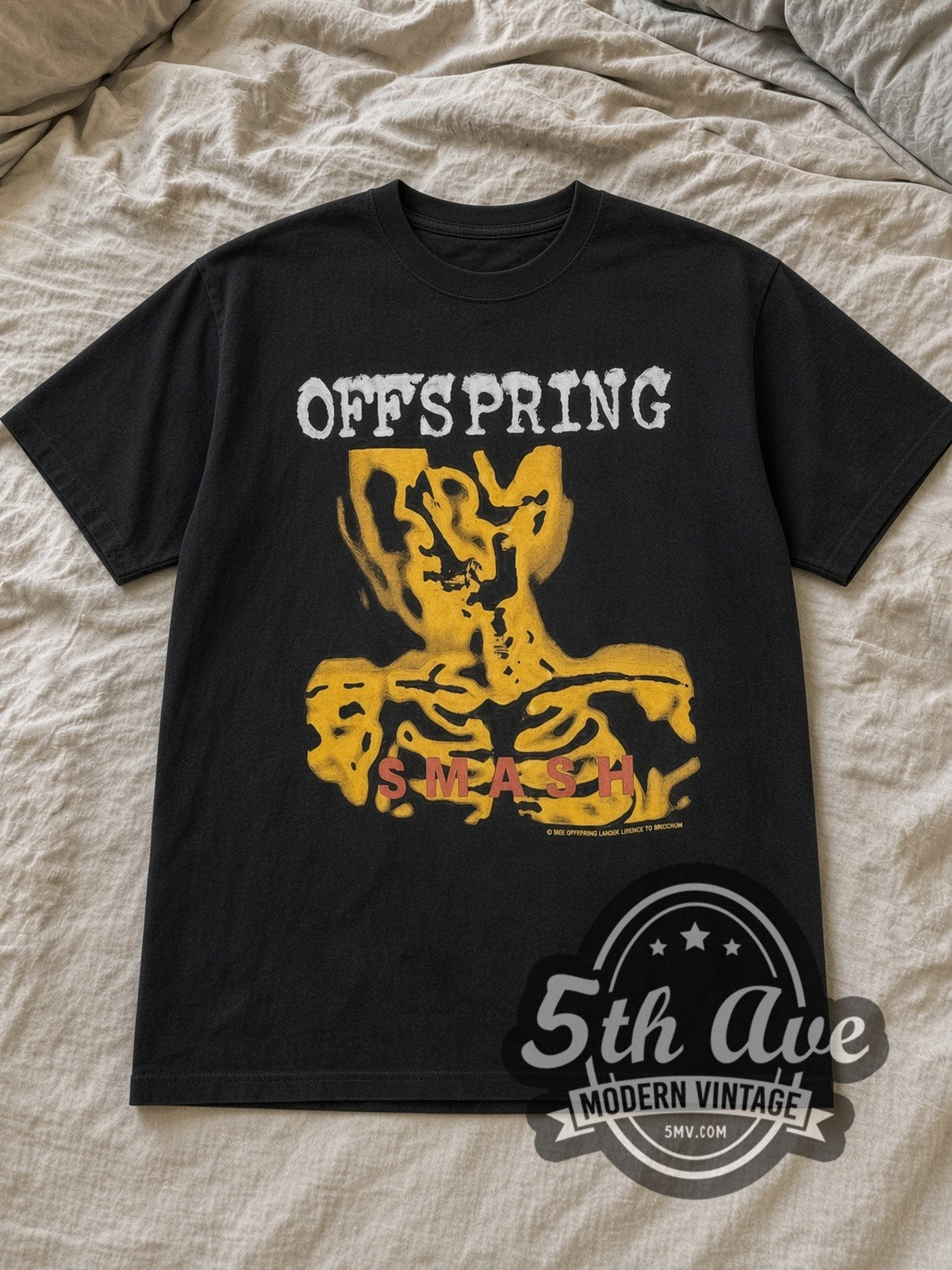 Black The Offspring Smash Vintage Band T-Shirt laid flat on a linen bed