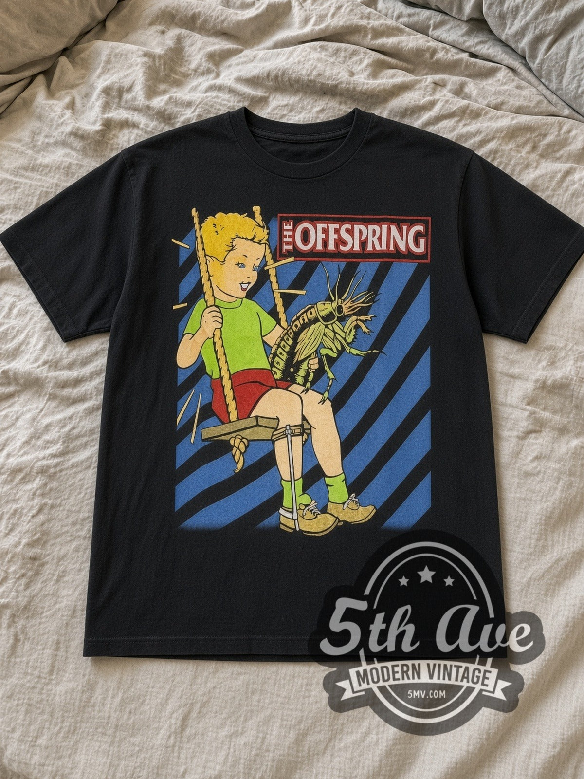 Black The Offspring Veritas Vintage Band T-Shirt laid flat on a linen bed