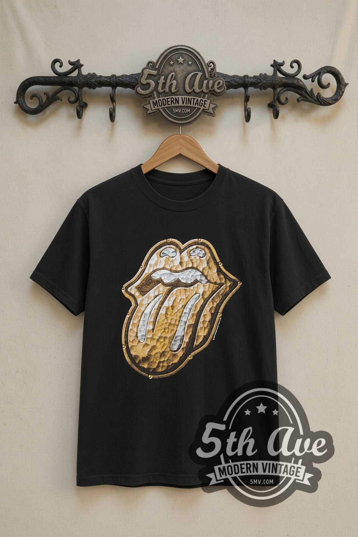 The Rolling Stones Bridges to Babylon Gold Tongue band t-shirt in black, front view on a display rack