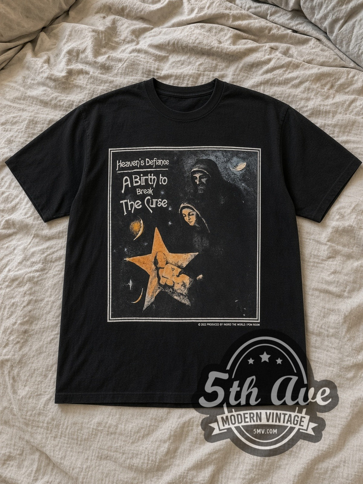 Black The Smashing Pumpkins Celestial Longing Tour Vintage Band T-Shirt laid flat on a linen bed