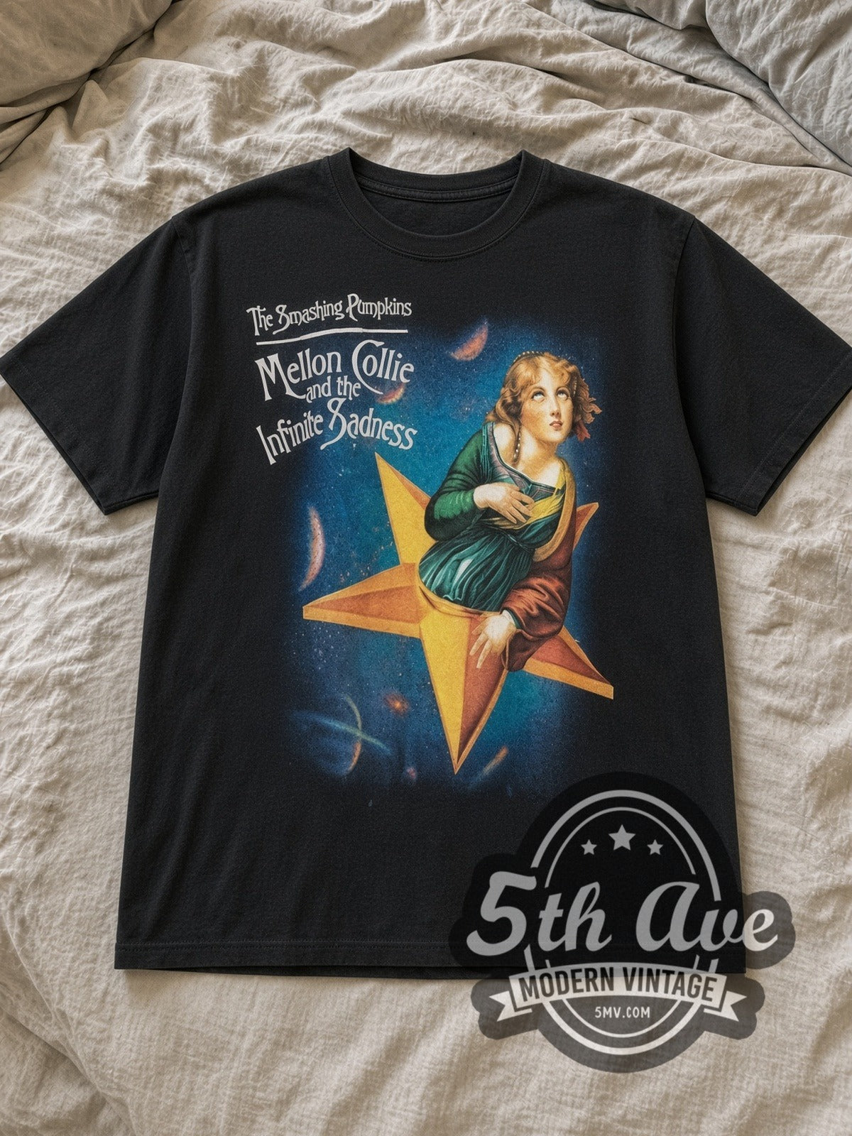 Black The Smashing Pumpkins Mellon Collie and the Infinite Sadness Vintage Band T-Shirt laid flat on a linen bed