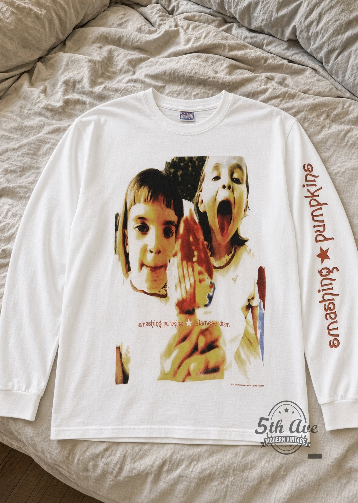 The Smashing Pumpkins Siamese Dream Rock Invasion '93 White Long Sleeve vintage band t-shirt laid flat on bed