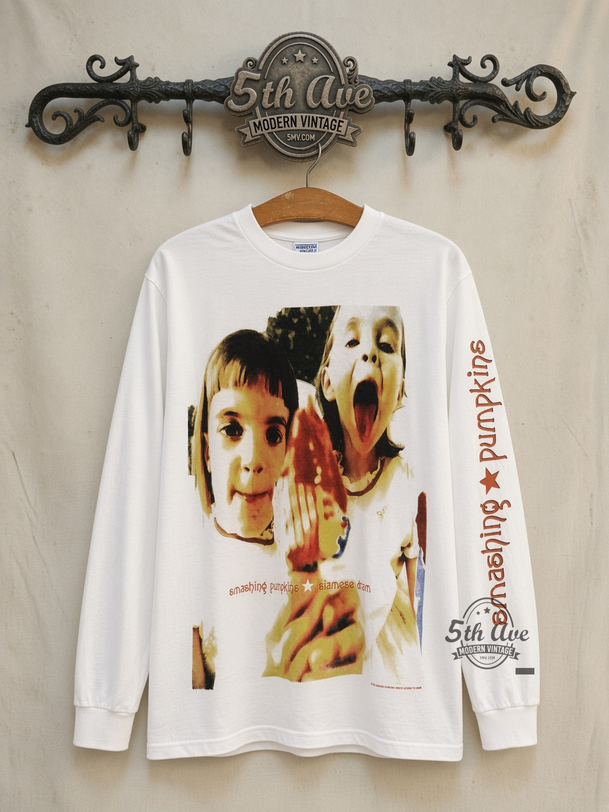 The Smashing Pumpkins Siamese Dream Rock Invasion '93 White Long Sleeve vintage band t-shirt front on cream 5th Ave rack
