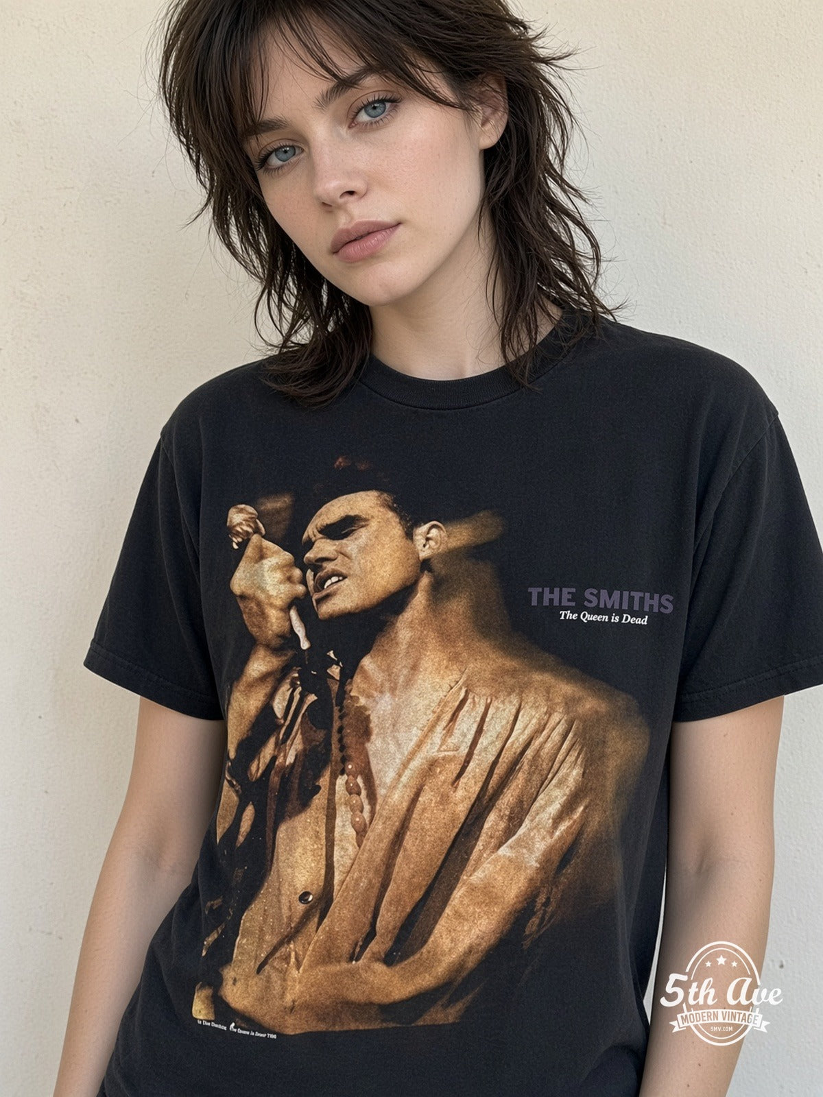 Model wearing The Smiths The Queen Is Dead UK Tour 86 vintage t-shirt