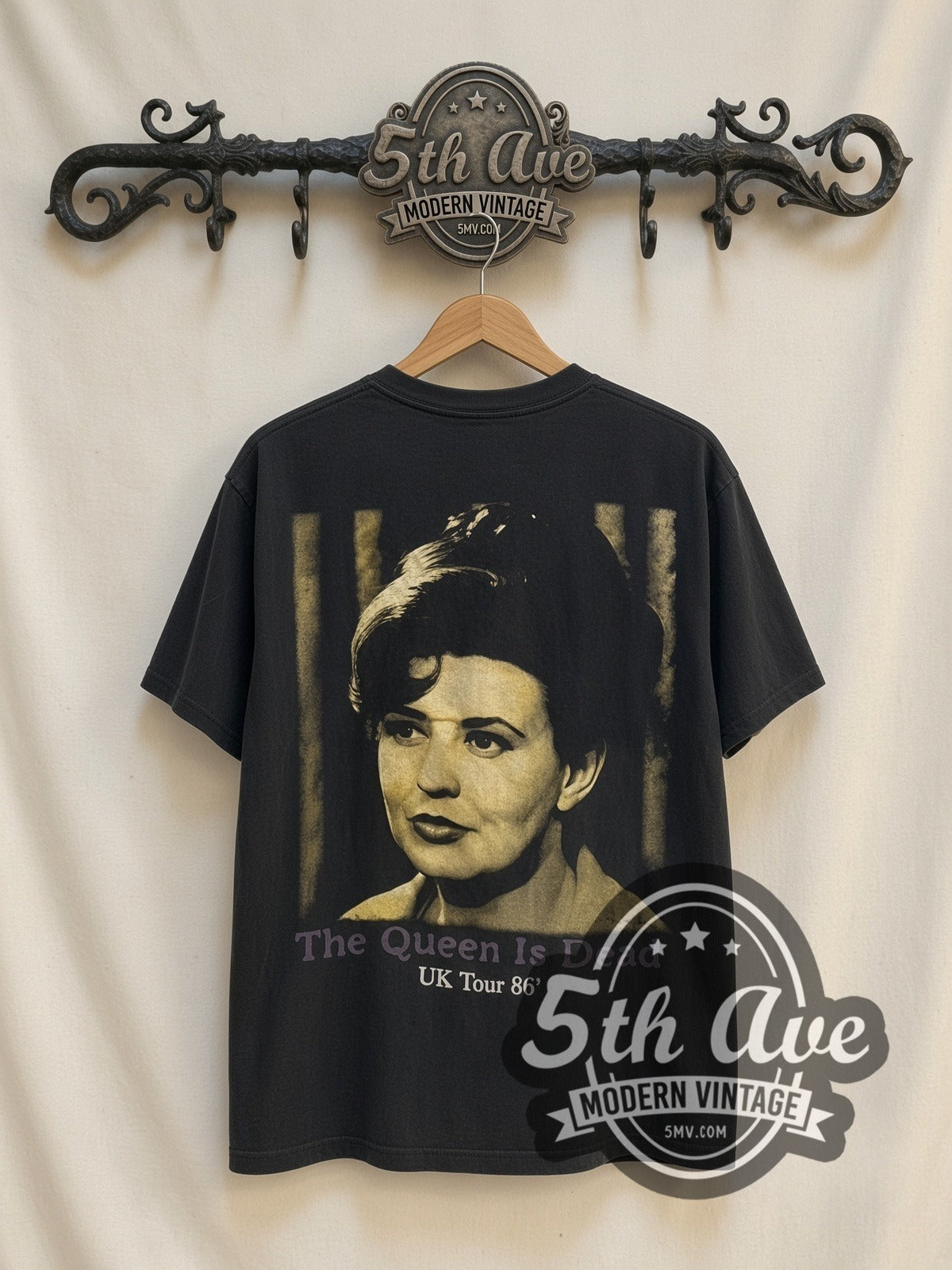 The Smiths The Queen Is Dead UK Tour 86 vintage band t-shirt, back view on a display rack