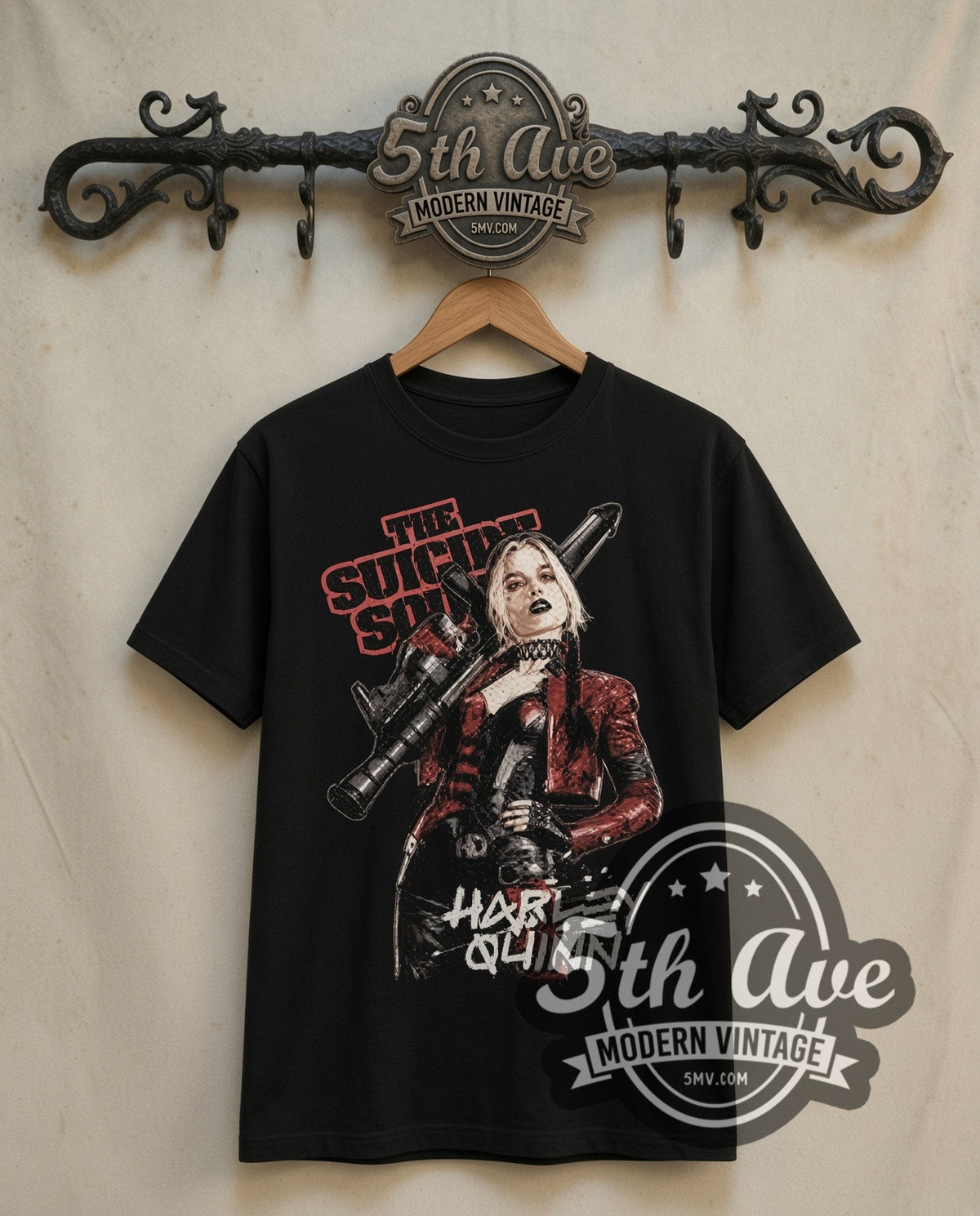 The Suicide Squad Harley Quinn with Bazooka double stitched black tee front on dark iron 5th Ave rack