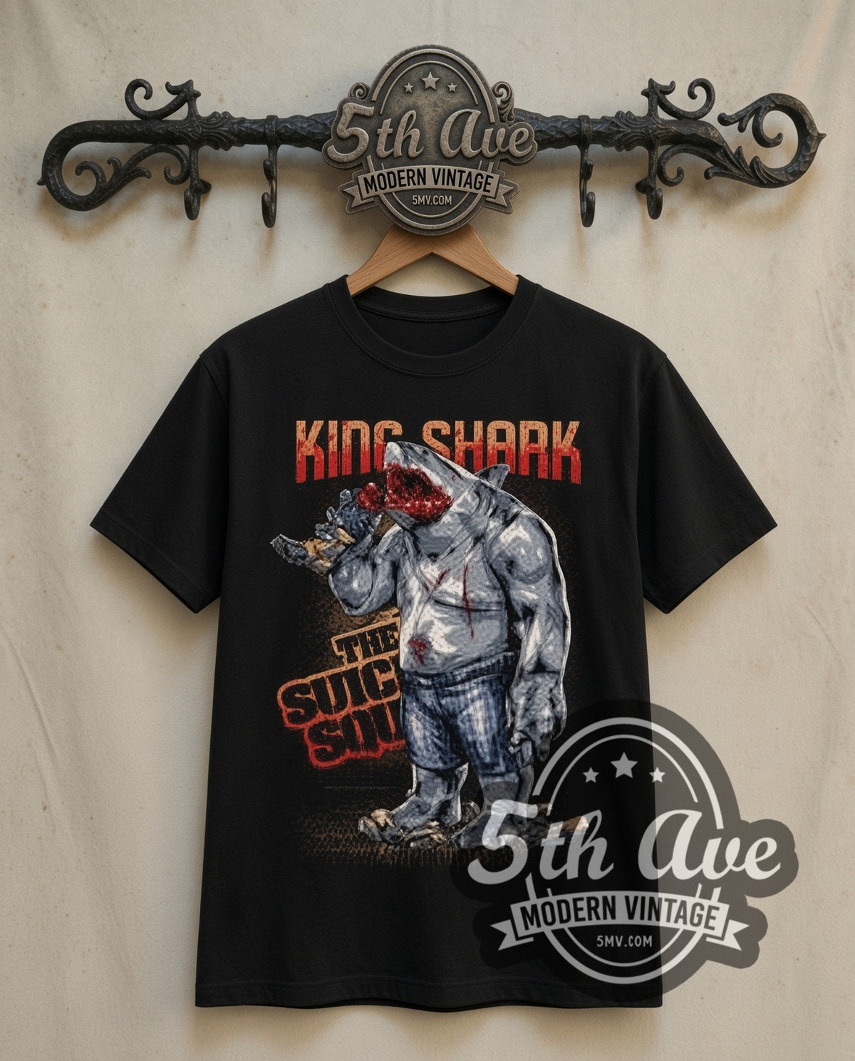 The Suicide Squad King Shark double stitched black tee front on dark iron 5th Ave rack