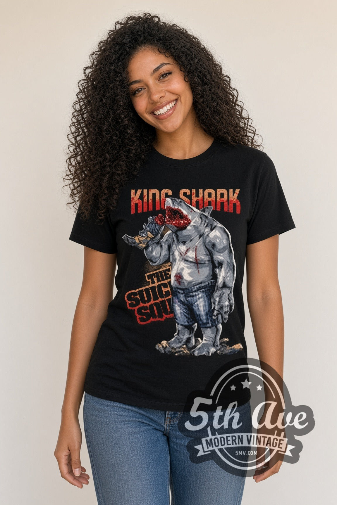 Woman wearing The Suicide Squad King Shark double stitched black graphic tee