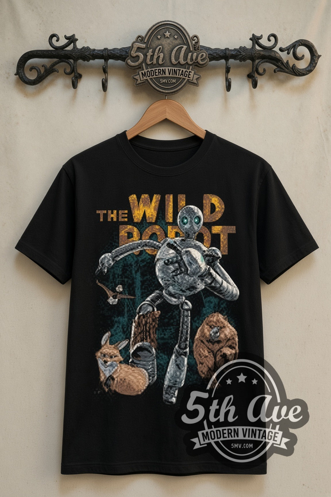 The Wild Robot Roz double stitched black tee front on dark iron 5th Ave rack