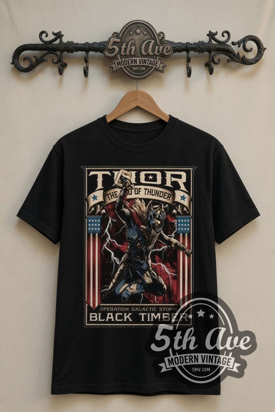 Thor God of Thunder Operation Galactic Storm Frame double stitched black tee front on dark iron 5th Ave rack