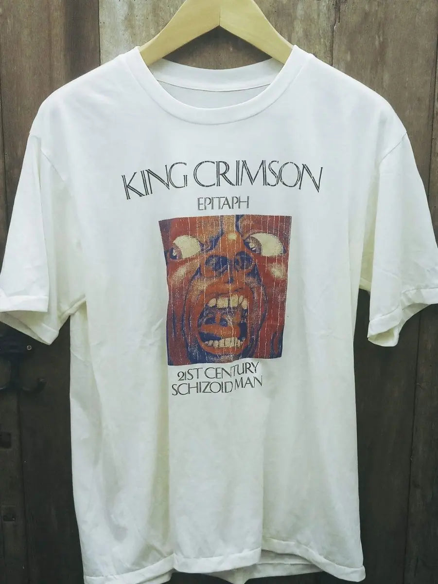 Timeless Resonance: King Crimson 'Epitaph' t shirt in White - Vintage Band Shirts