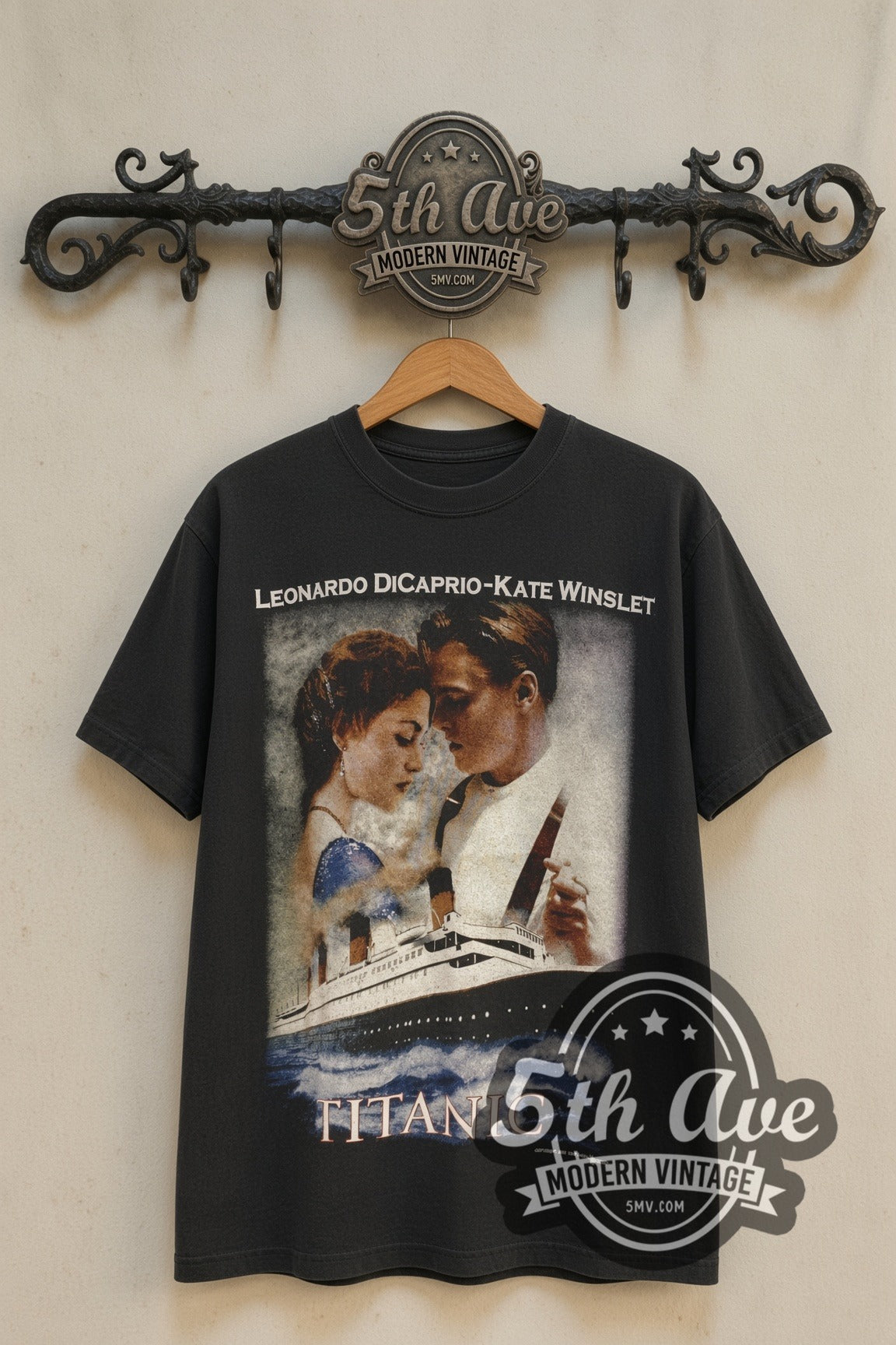 Titanic DiCaprio & Winslet Poster / Nothing on Earth movie tee front on 5th Ave iron rack