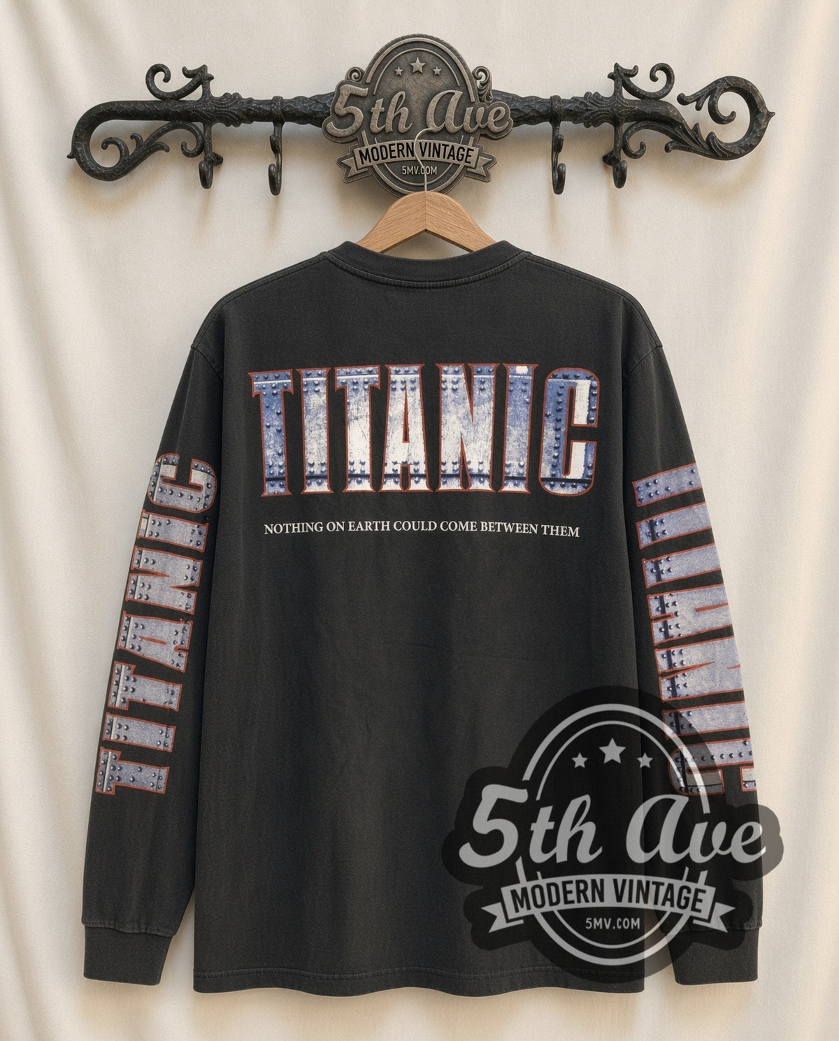 Titanic DiCaprio & Winslet Nothing on Earth vintage graphic long sleeve t-shirt, back view on a display rack
