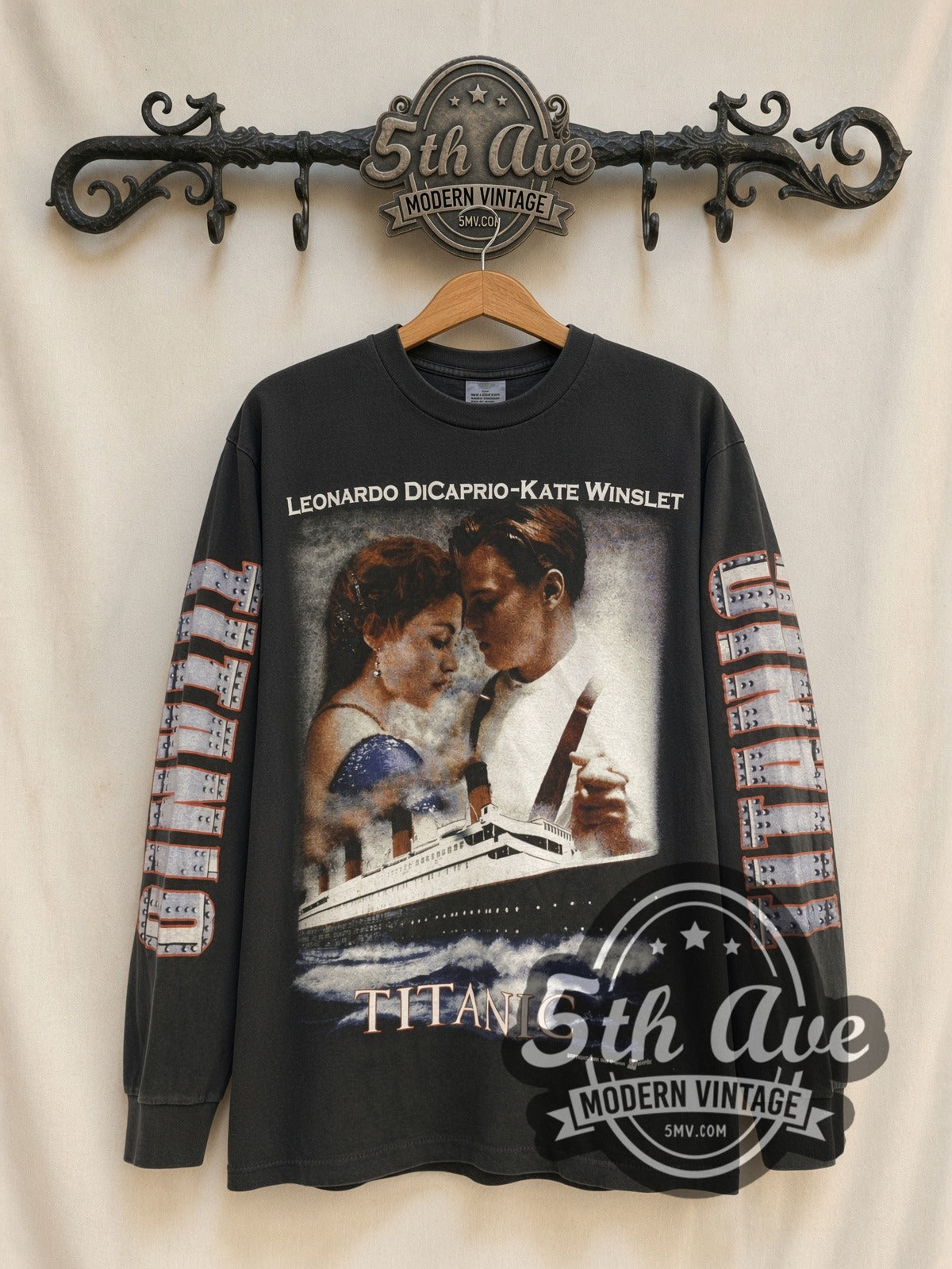 Titanic DiCaprio & Winslet Nothing on Earth vintage graphic long sleeve t-shirt, front view on a display rack