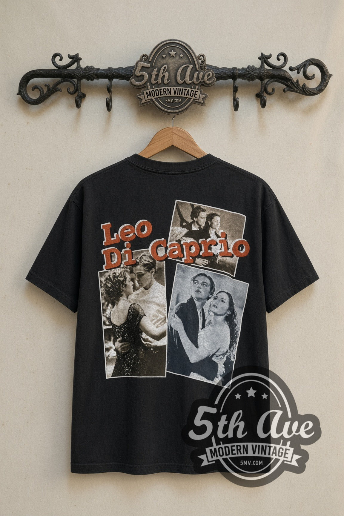 Back print of Titanic Leo DiCaprio collage tee on the 5MV rack