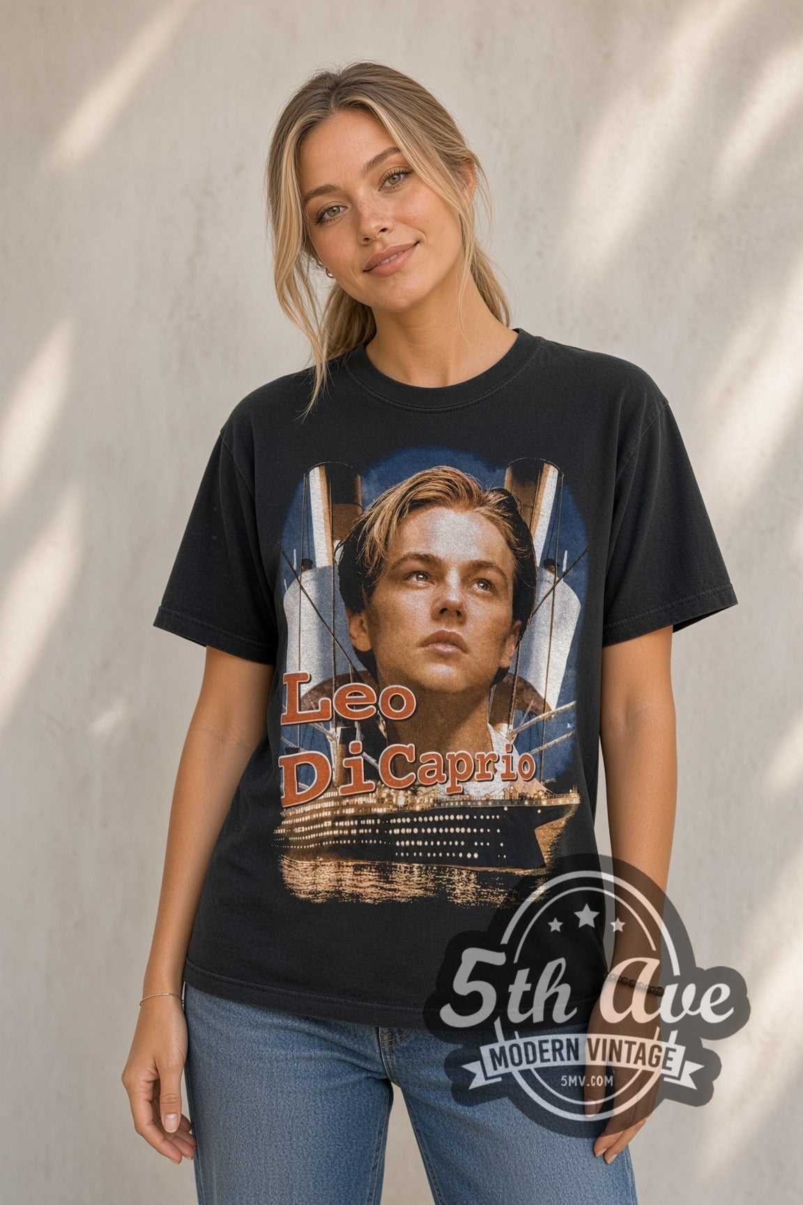 Woman wearing black Titanic Leo DiCaprio vintage movie t-shirt