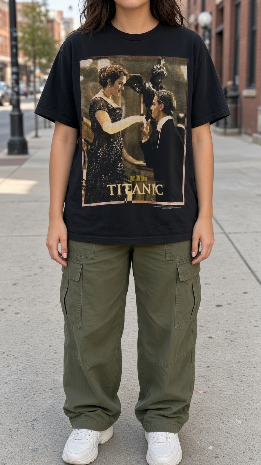 Model wearing Titanic vintage movie tee