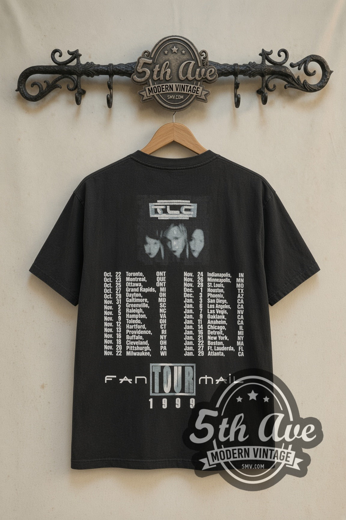 Back print of TLC FanMail Tour 1999 date list tee on the 5MV rack