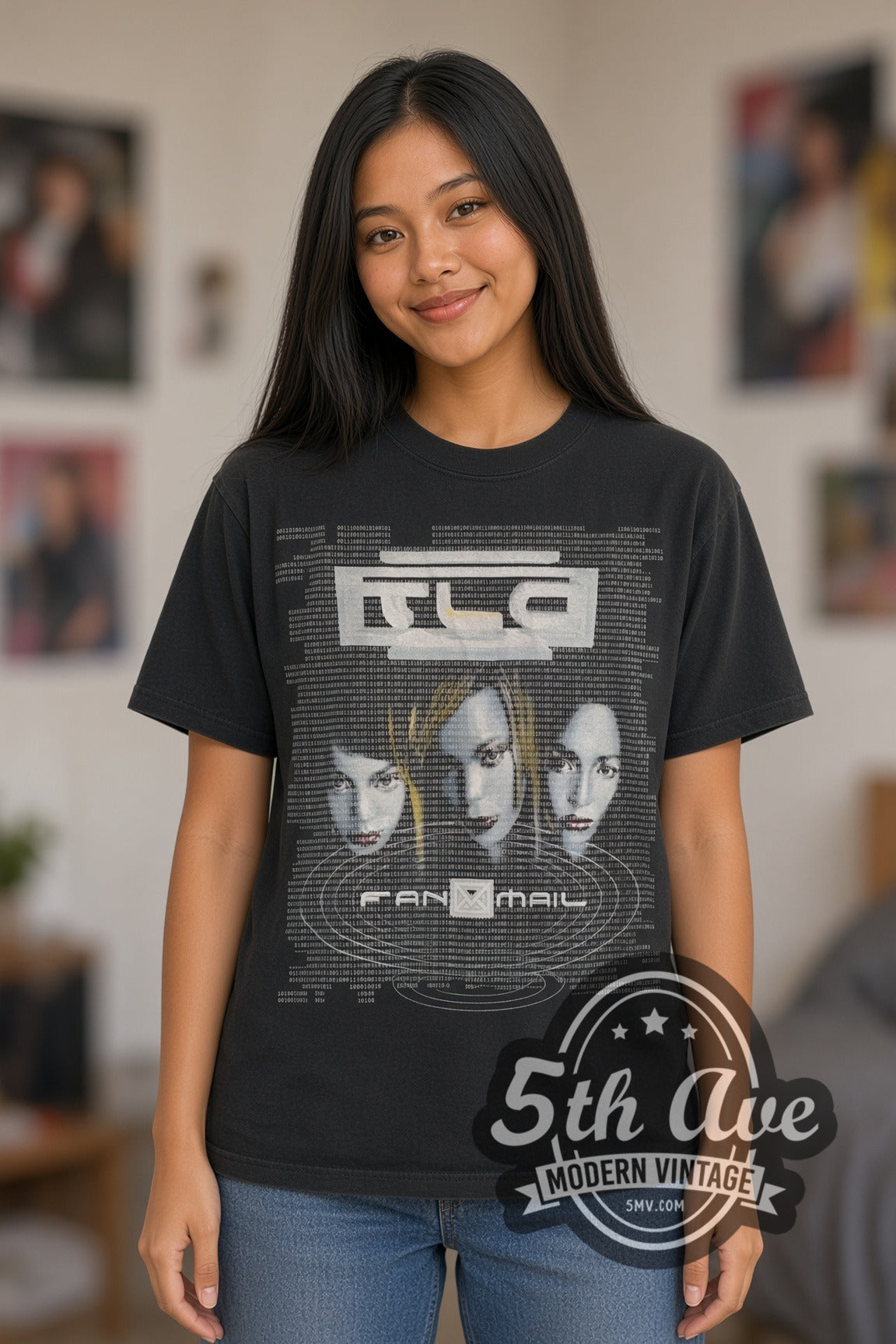 Woman wearing black TLC FanMail vintage band t-shirt
