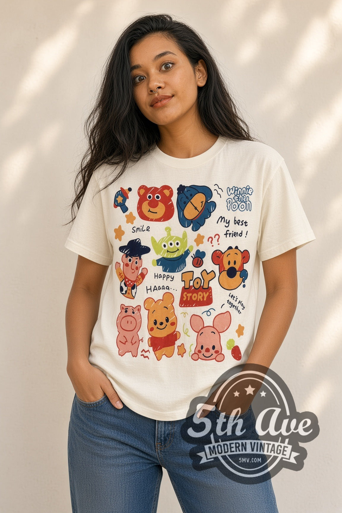 Woman wearing cream Toy Story & Winnie the Pooh Best Friends Sticker Collage vintage cartoon tee