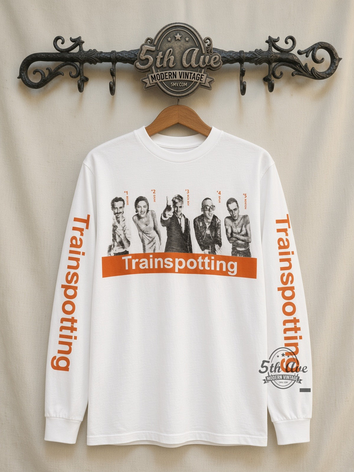 Trainspotting Cast Photo White Long Sleeve vintage movie tee front on cream 5th Ave rack