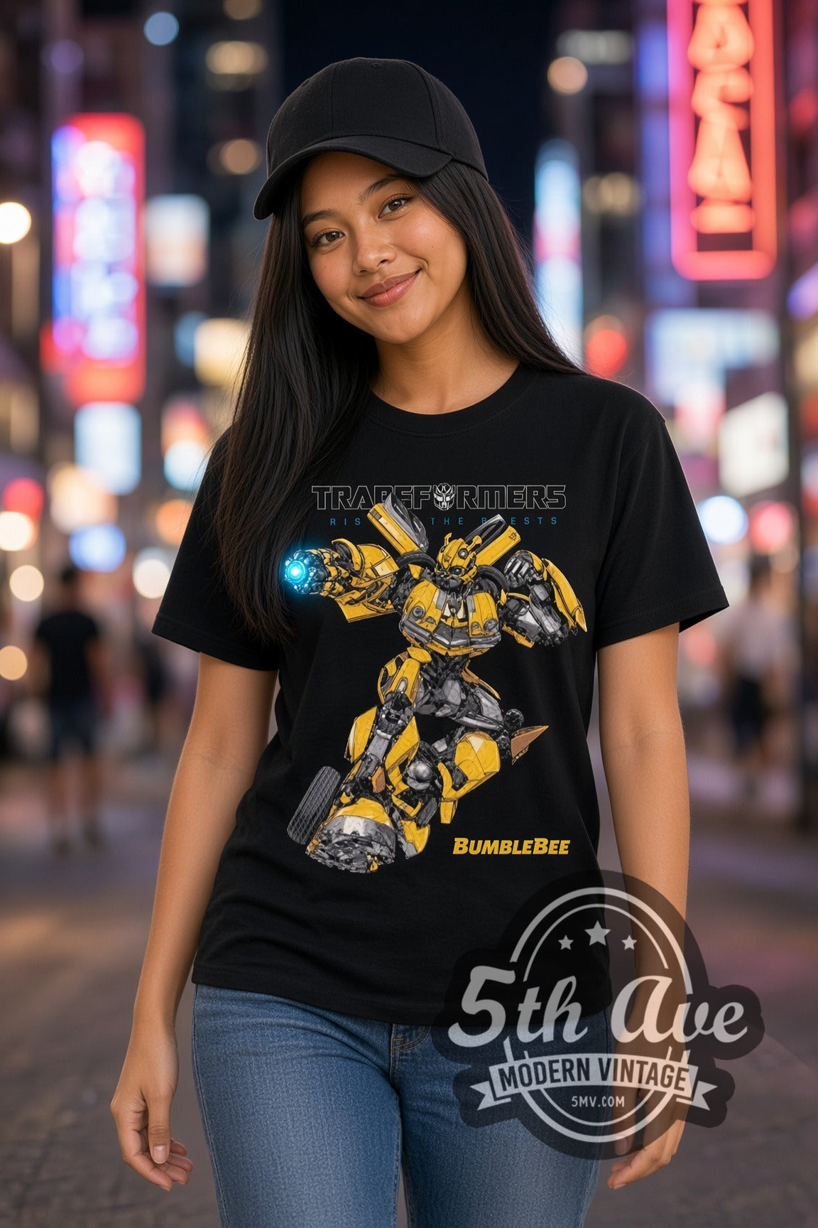 Woman wearing Transformers Bumblebee double stitched black graphic tee