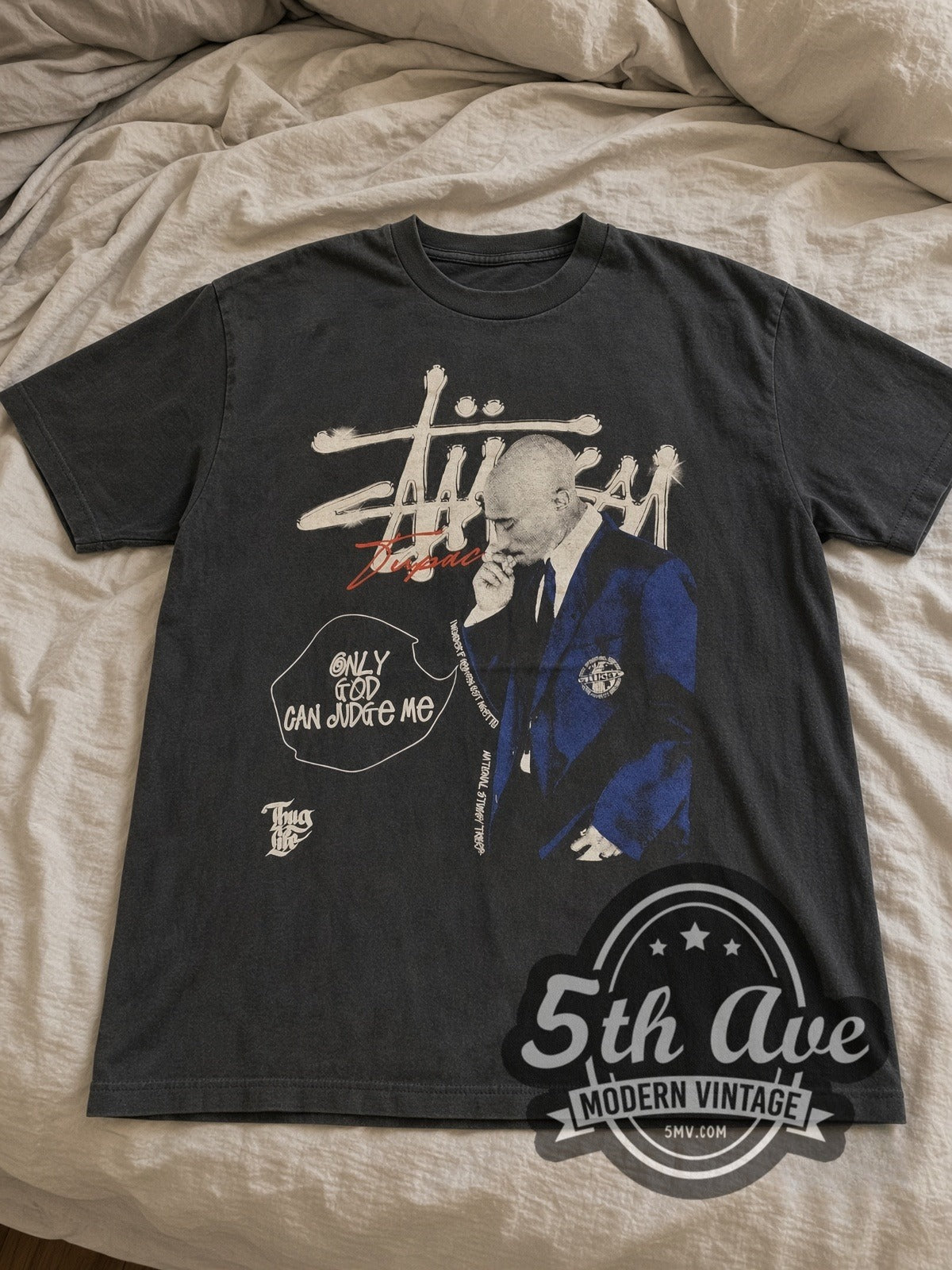 Tupac Stussy Only God Can Judge Me vintage band tee laid flat