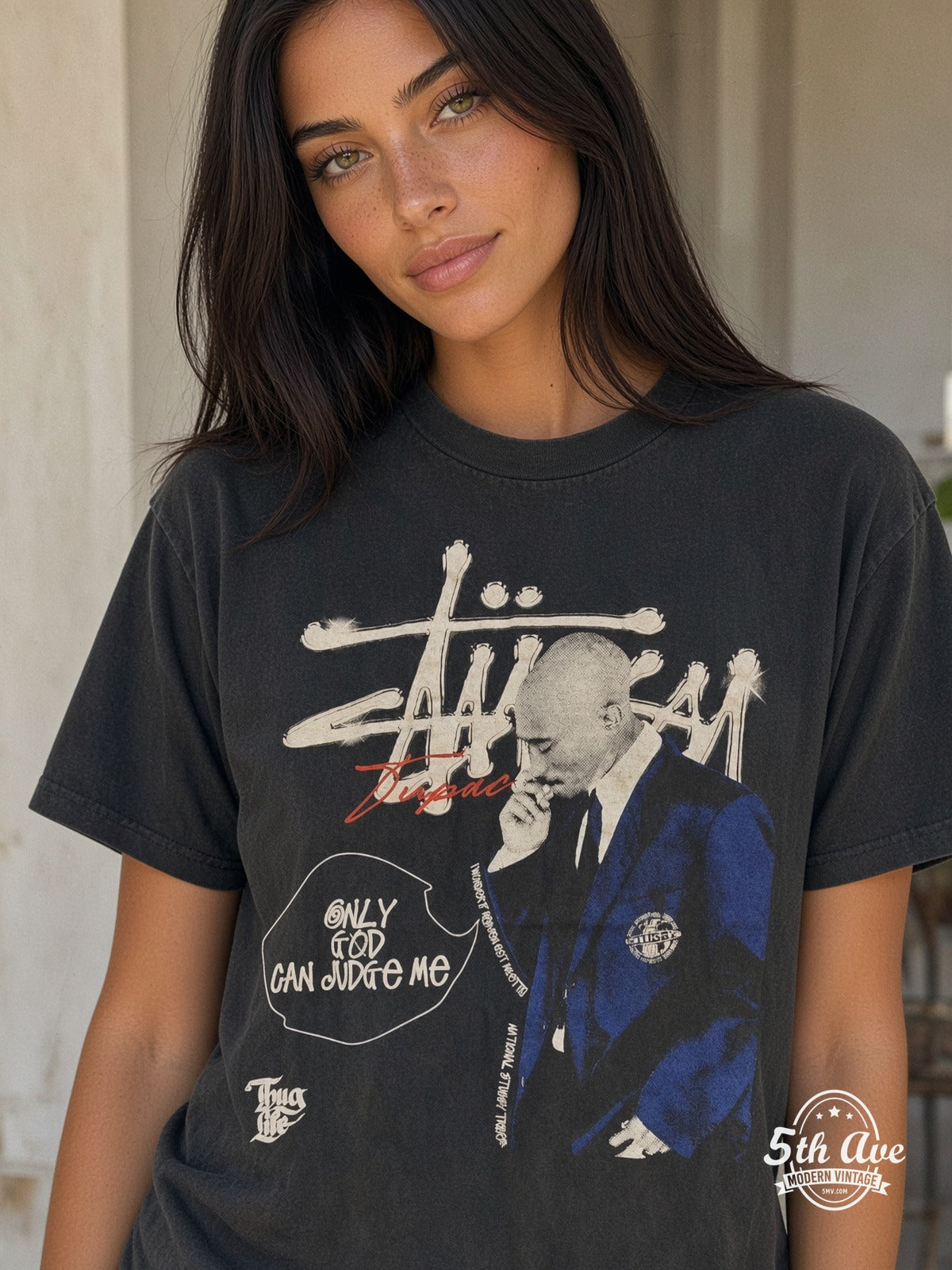 Model wearing Tupac Stüssy Only God Can Judge Me vintage band t-shirt