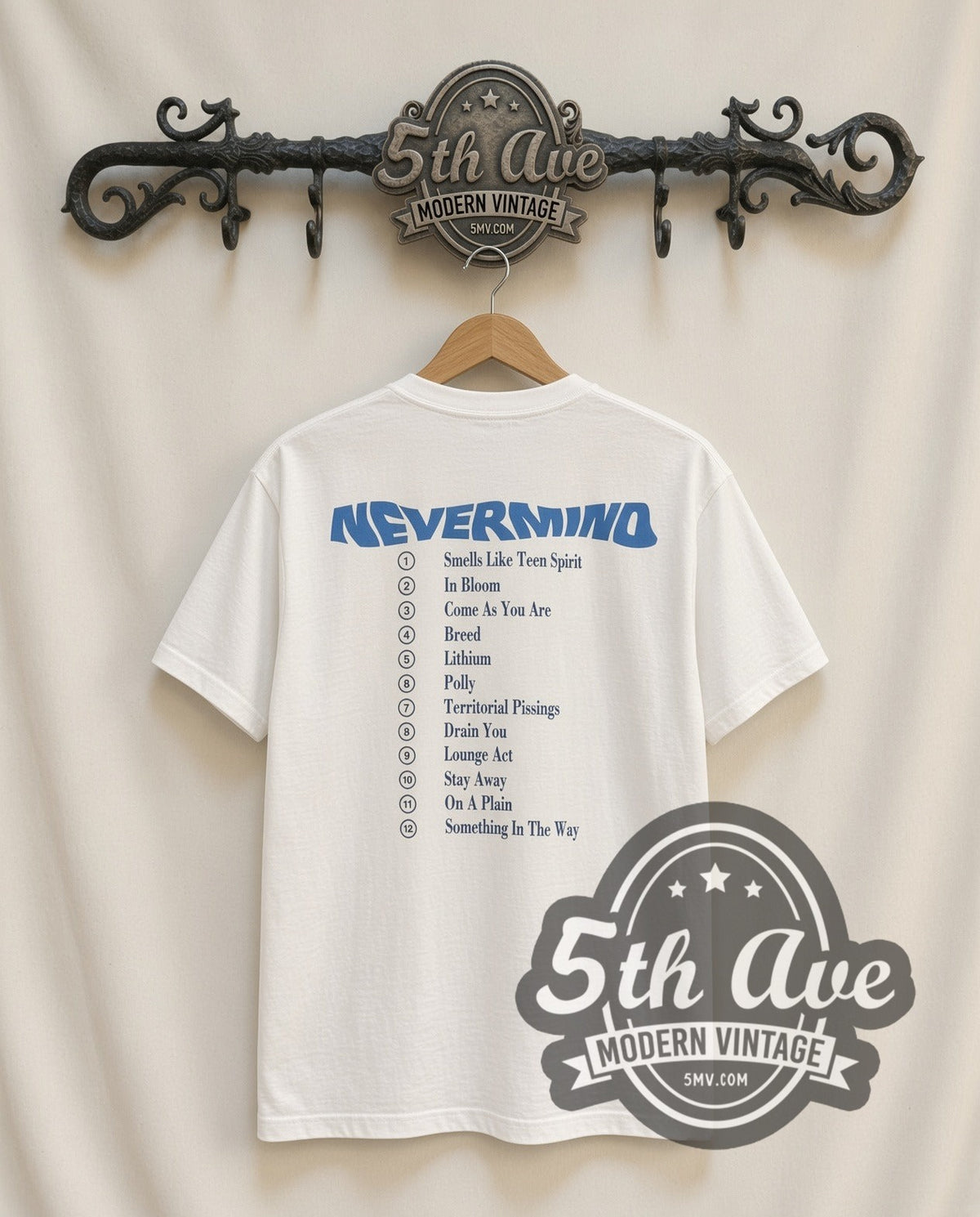 Nirvana Nevermind Album Tracklist vintage band t-shirt in white, back view on a display rack