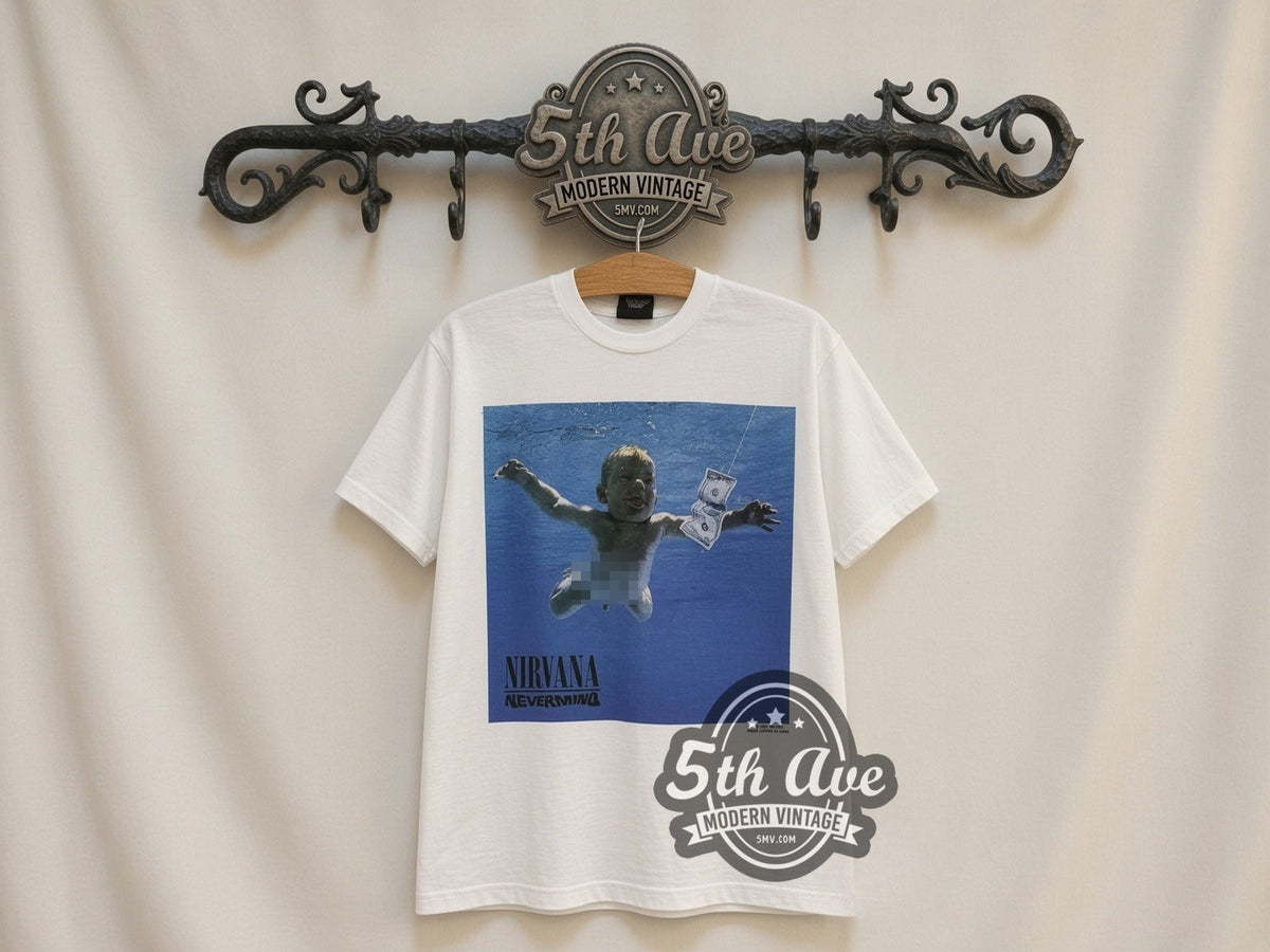 Nirvana Nevermind Album Tracklist vintage band t-shirt in white, front view on a display rack