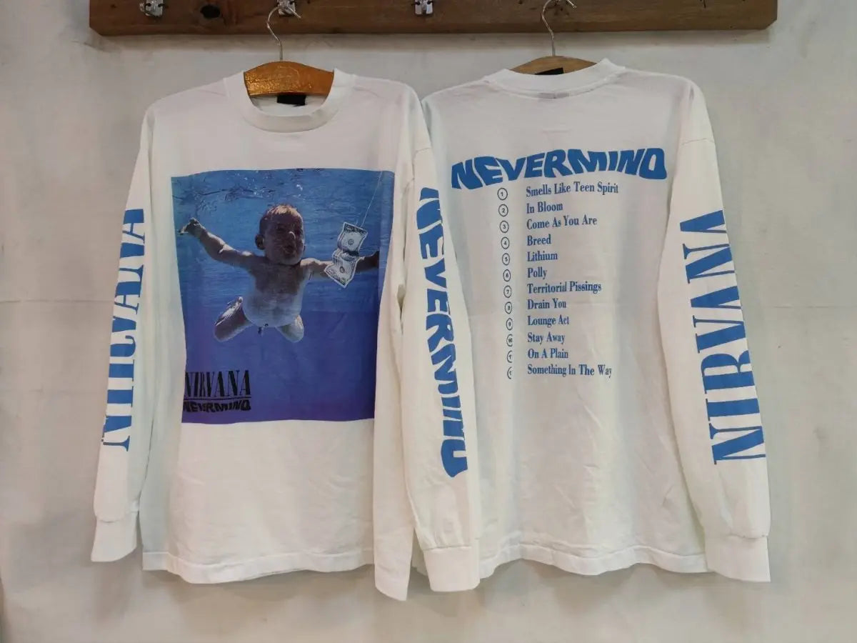 Nirvana Nevermind Album Tracklist long sleeve vintage band t-shirt in white, front view on a display rack