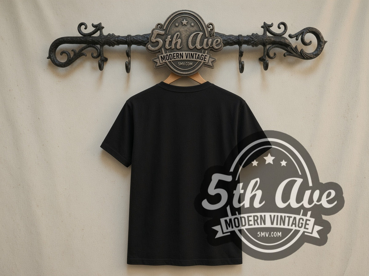 Plain black back of V for Vendetta Guy Fawkes Mask with Daggers double stitched tee on rack