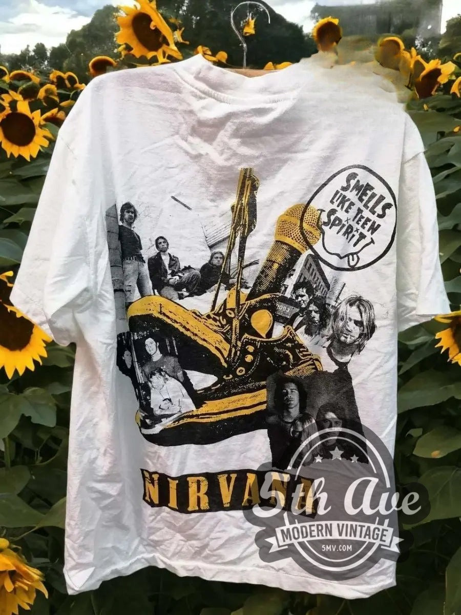 Nirvana – Smells Like Teen Spirit Sunflower Collage White vintage band t-shirt hanging on a hanger