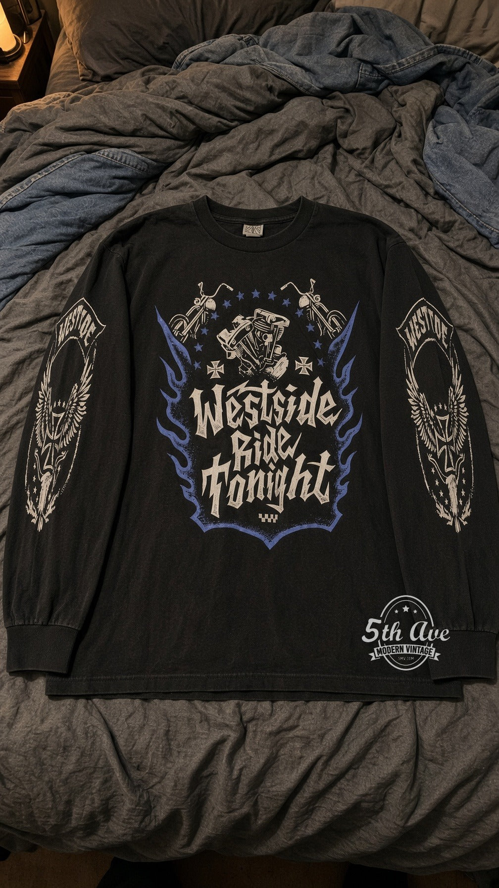 West Coast Choppers Westside Ride Tonight long sleeve vintage t-shirt laid on bed