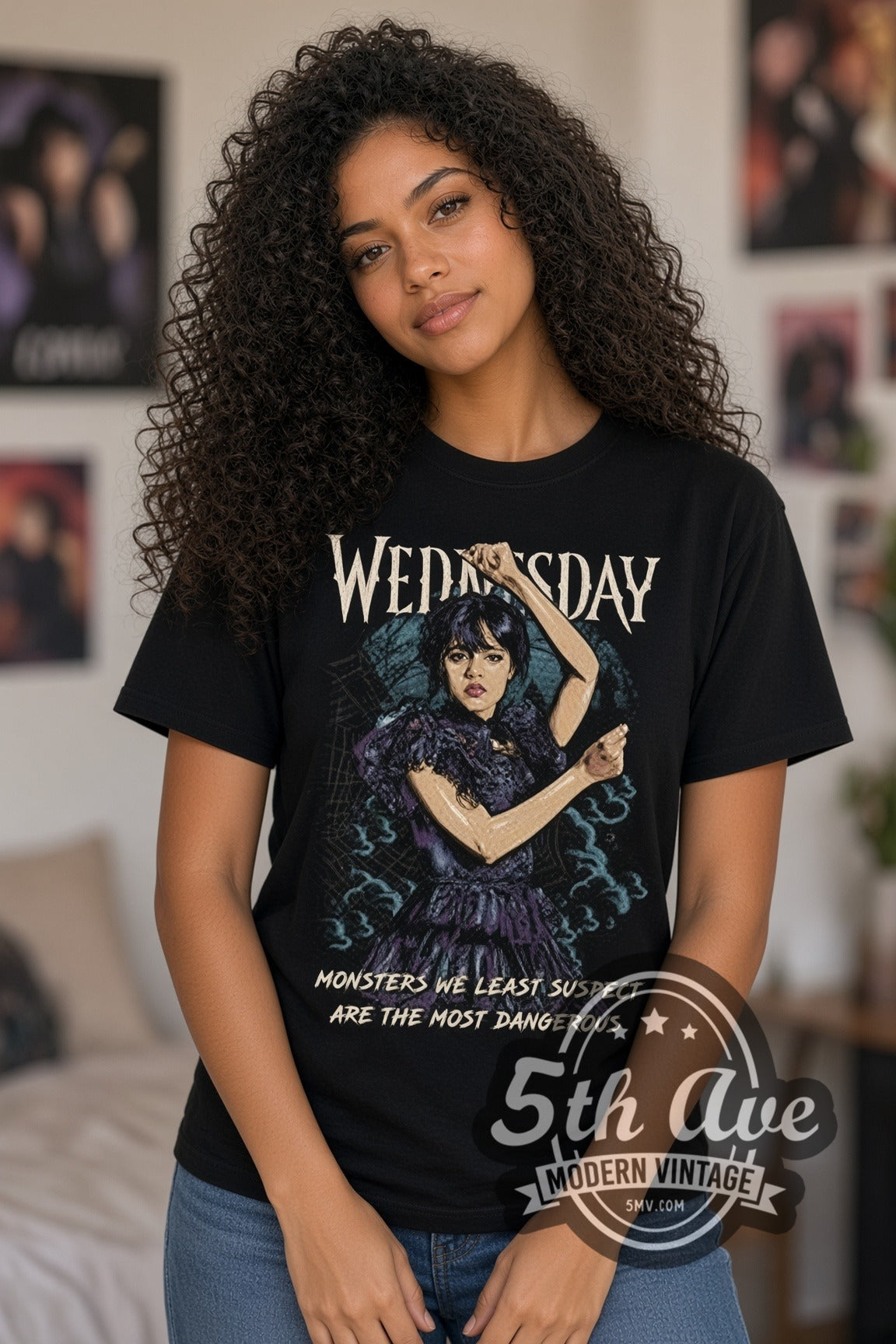 Woman wearing Wednesday Dancing Wednesday Monsters We Least Suspect double stitched black graphic tee