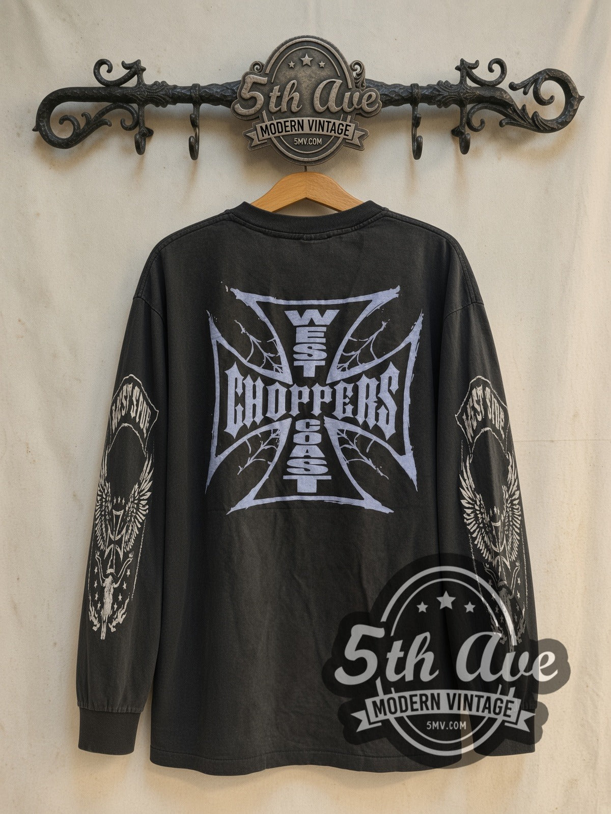 West Coast Choppers Blue Iron Cross Eagle Sleeves Long Sleeve vintage motorsports tee back on cream 5th Ave rack