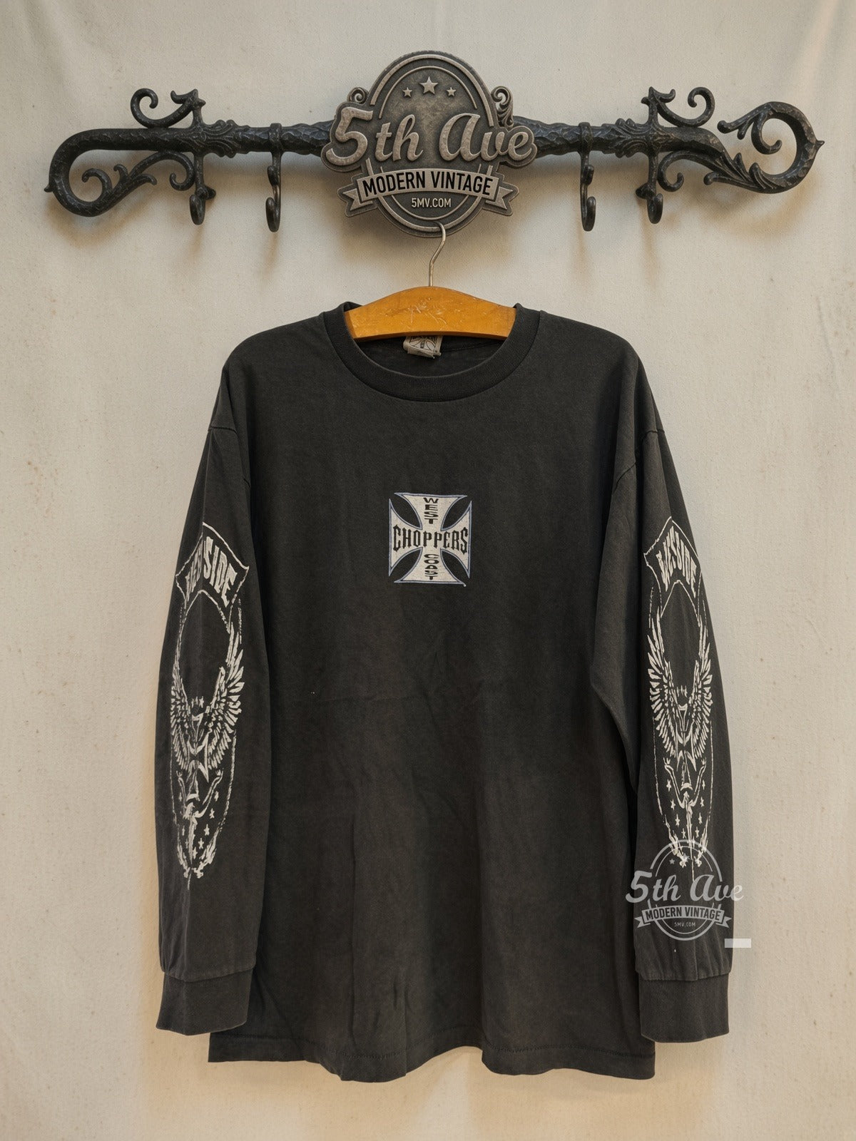 West Coast Choppers Blue Iron Cross Eagle Sleeves Long Sleeve vintage motorsports tee front on cream 5th Ave rack