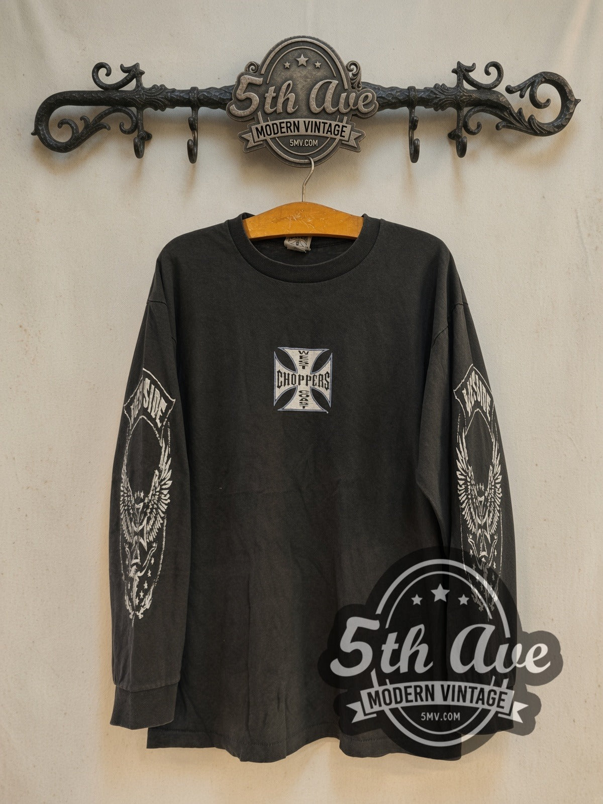West Coast Choppers Blue Iron Cross Eagle Sleeves Long Sleeve vintage motorsports tee front on cream 5th Ave rack