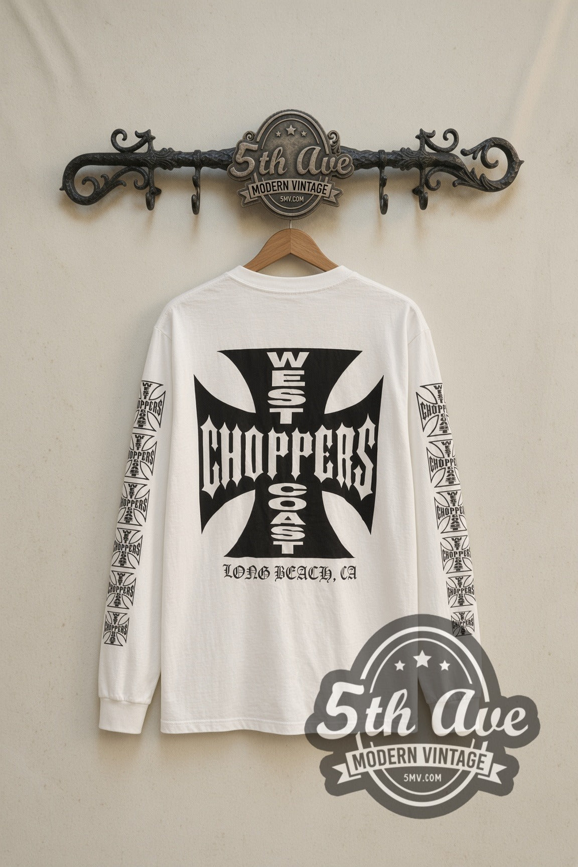 Back print of West Coast Choppers big iron cross long sleeve on the 5MV rack