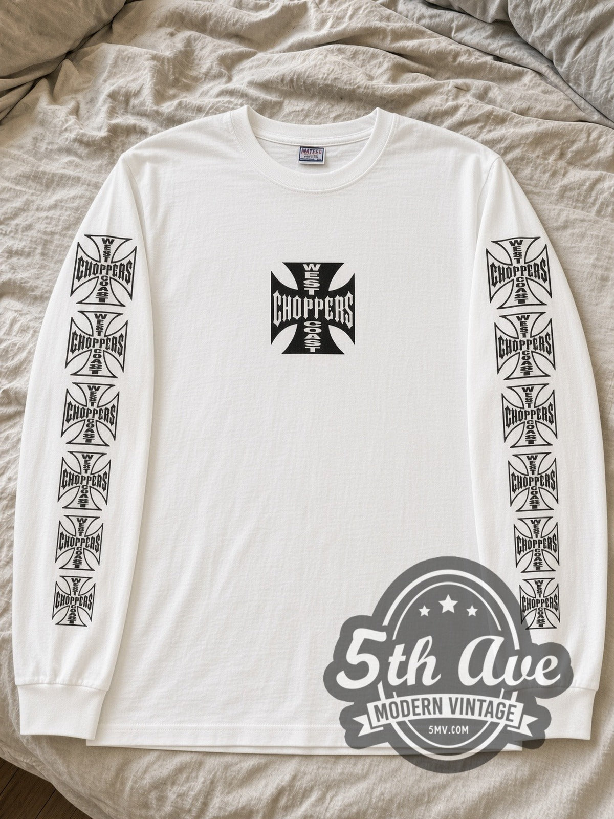 White West Coast Choppers long sleeve laid flat on linen bed