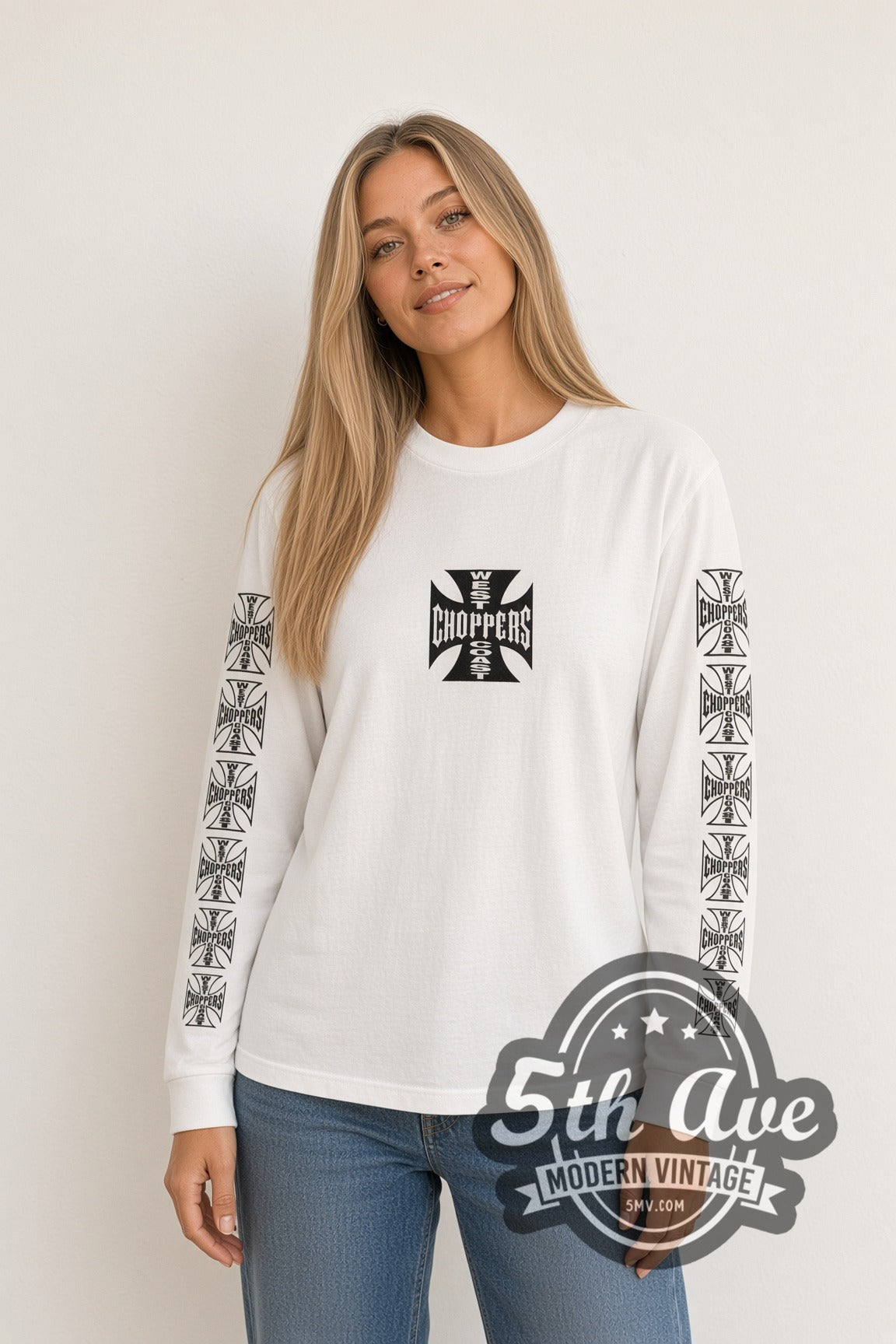 Man wearing white West Coast Choppers vintage biker long sleeve t-shirt