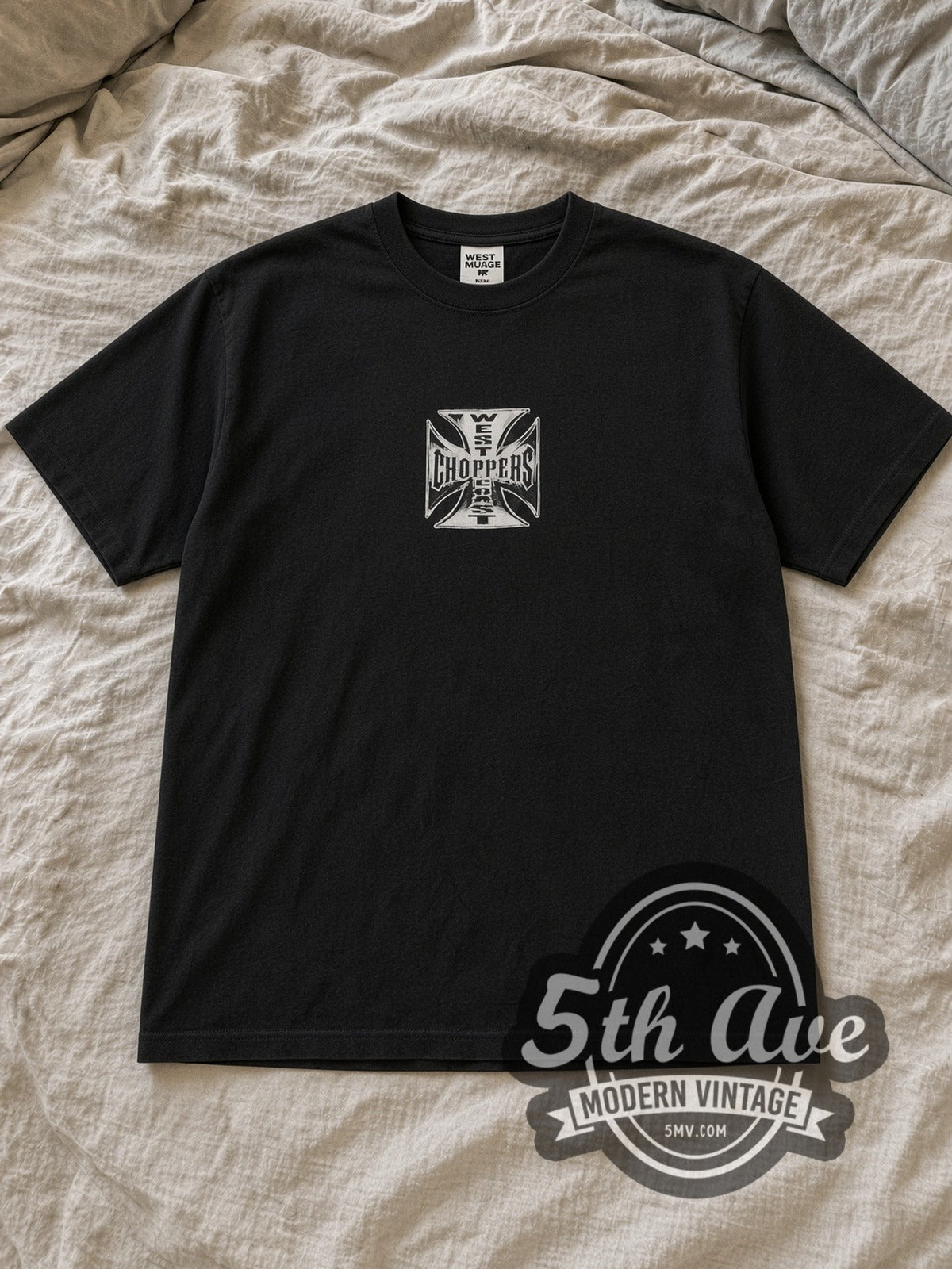 Black West Coast Choppers Long Beach Purple Hot Rod Iron Cross Vintage Biker T-Shirt laid flat on a linen bed