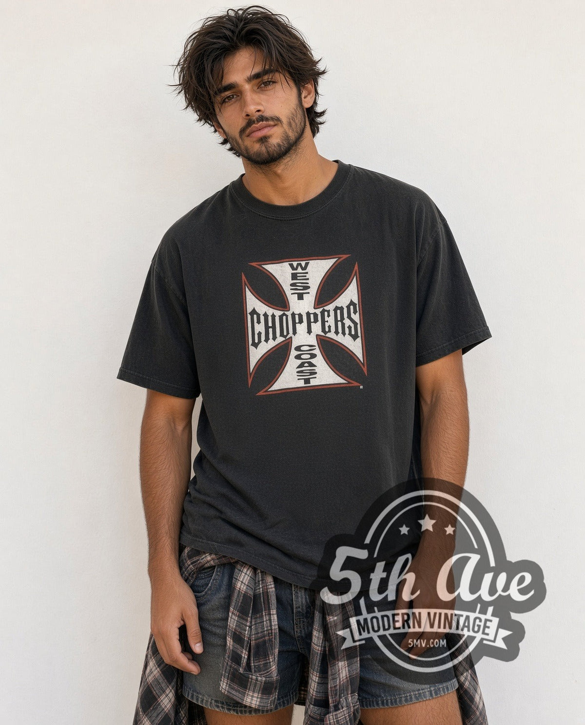 Model wearing the West Coast Choppers Iron Cross Long Beach vintage biker t-shirt