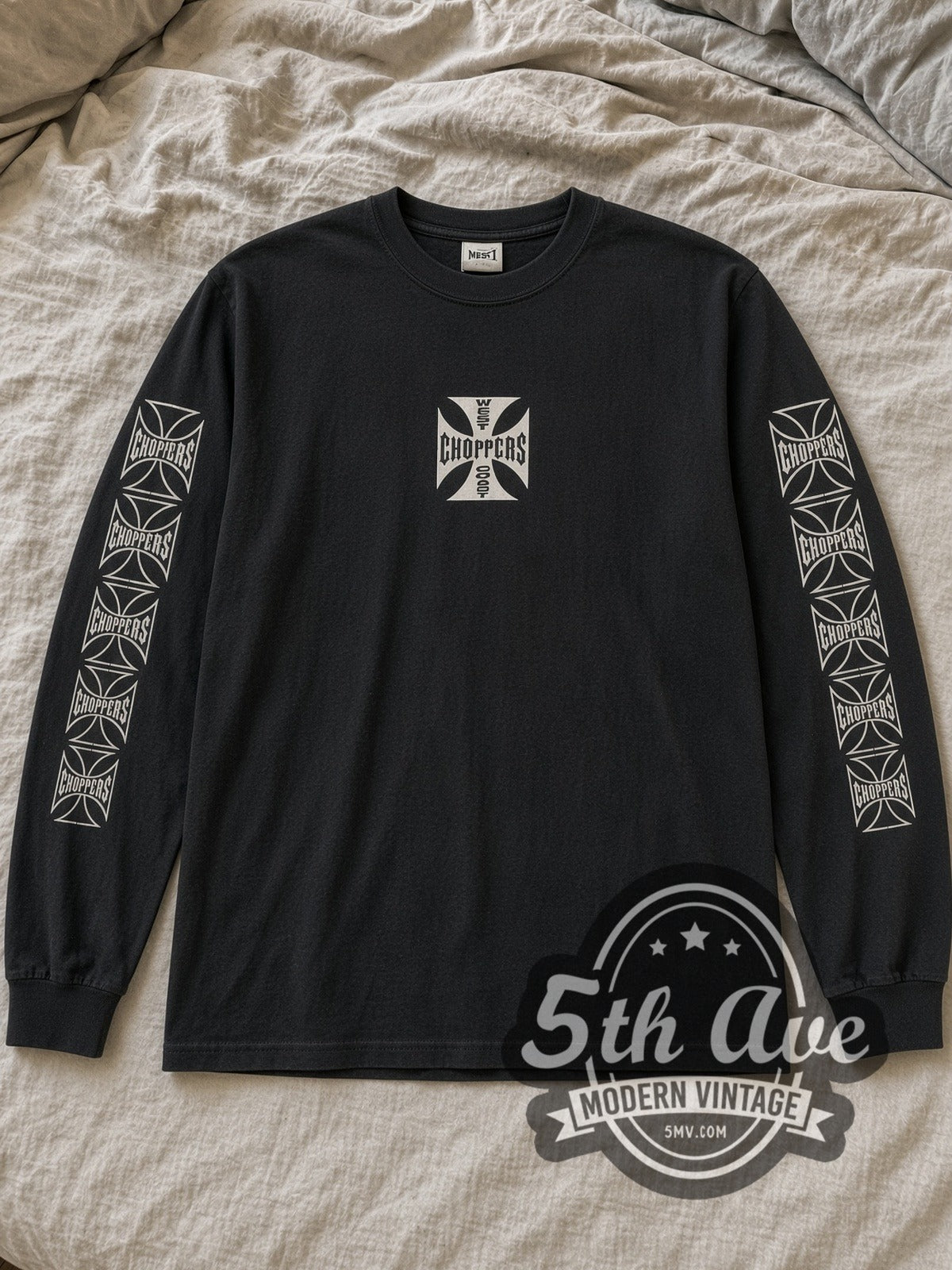 Black West Coast Choppers Long Beach California Vintage Biker Long Sleeve T-Shirt laid flat on a linen bed