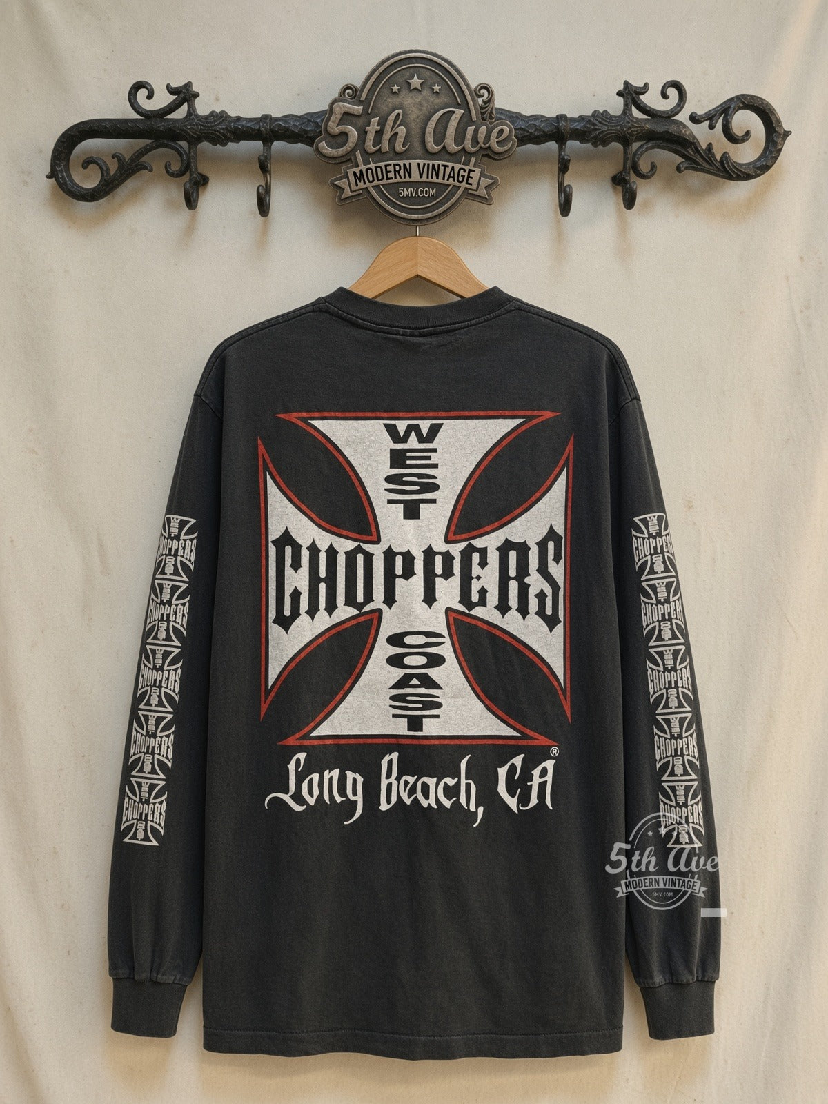 West Coast Choppers Red Cross Long Beach CA Long Sleeve vintage motorsports tee back on cream 5th Ave rack
