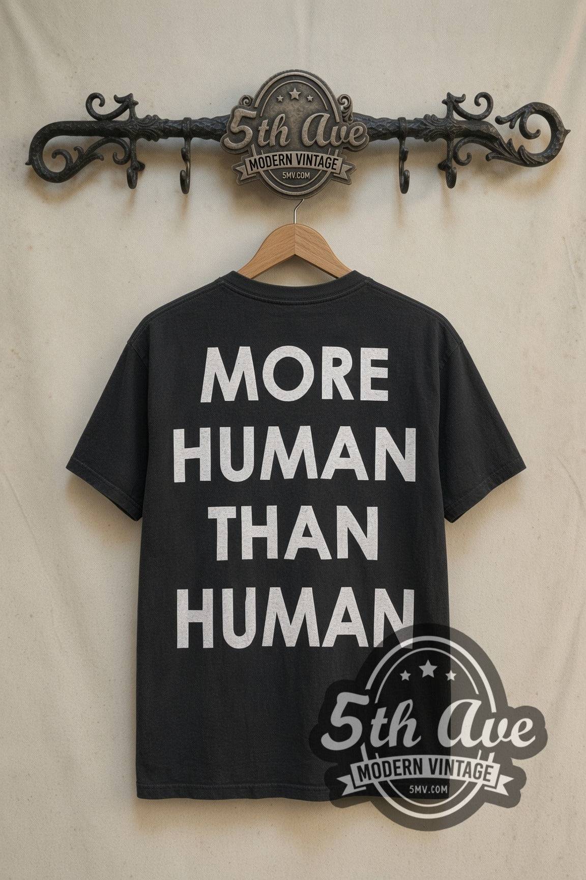White Zombie tee back with giant MORE HUMAN THAN HUMAN letters on rack